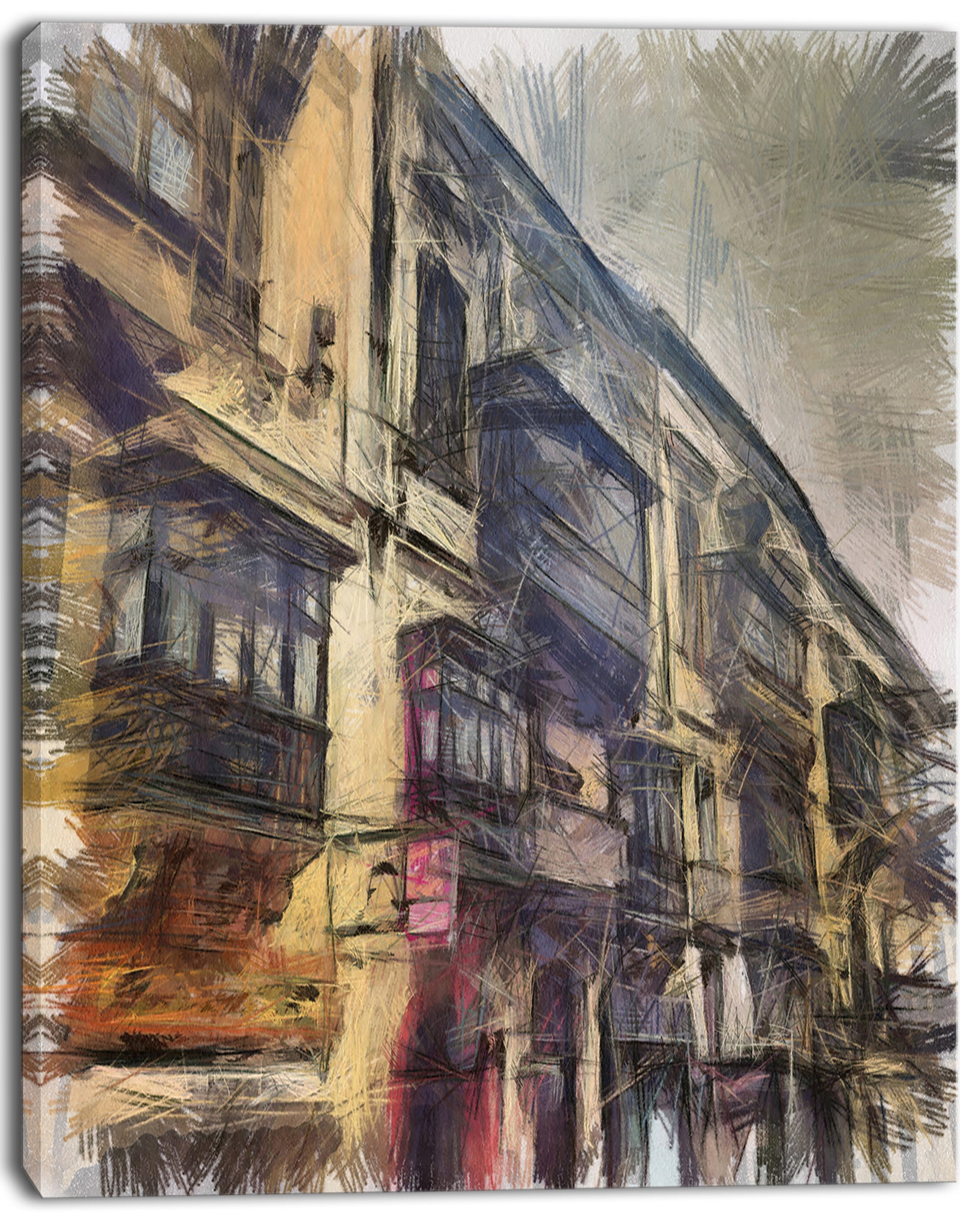 Old City Street Watercolor Painting - Large Cityscape Artwork on Canvas