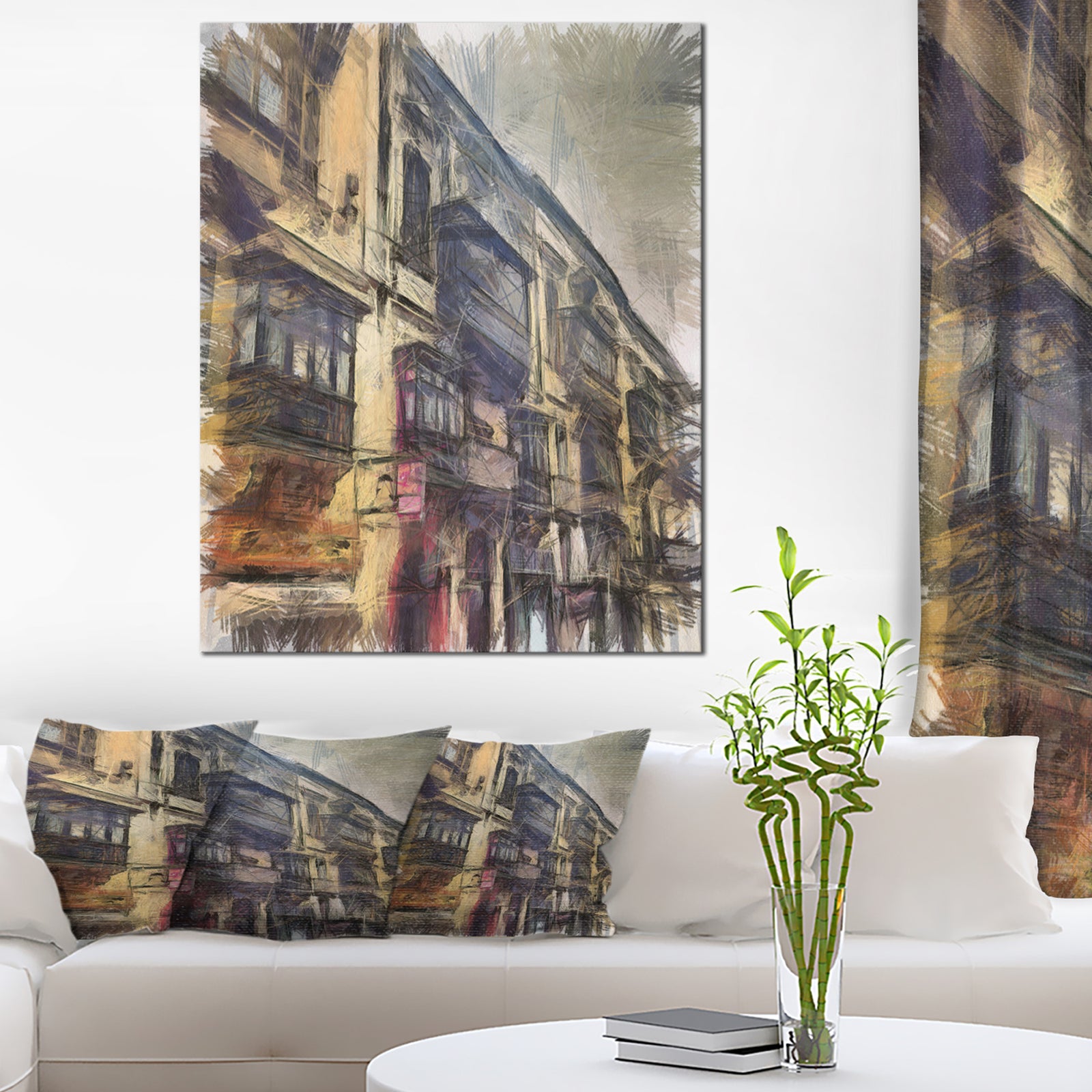 Old City Street Watercolor Painting - Large Cityscape Artwork on Canvas