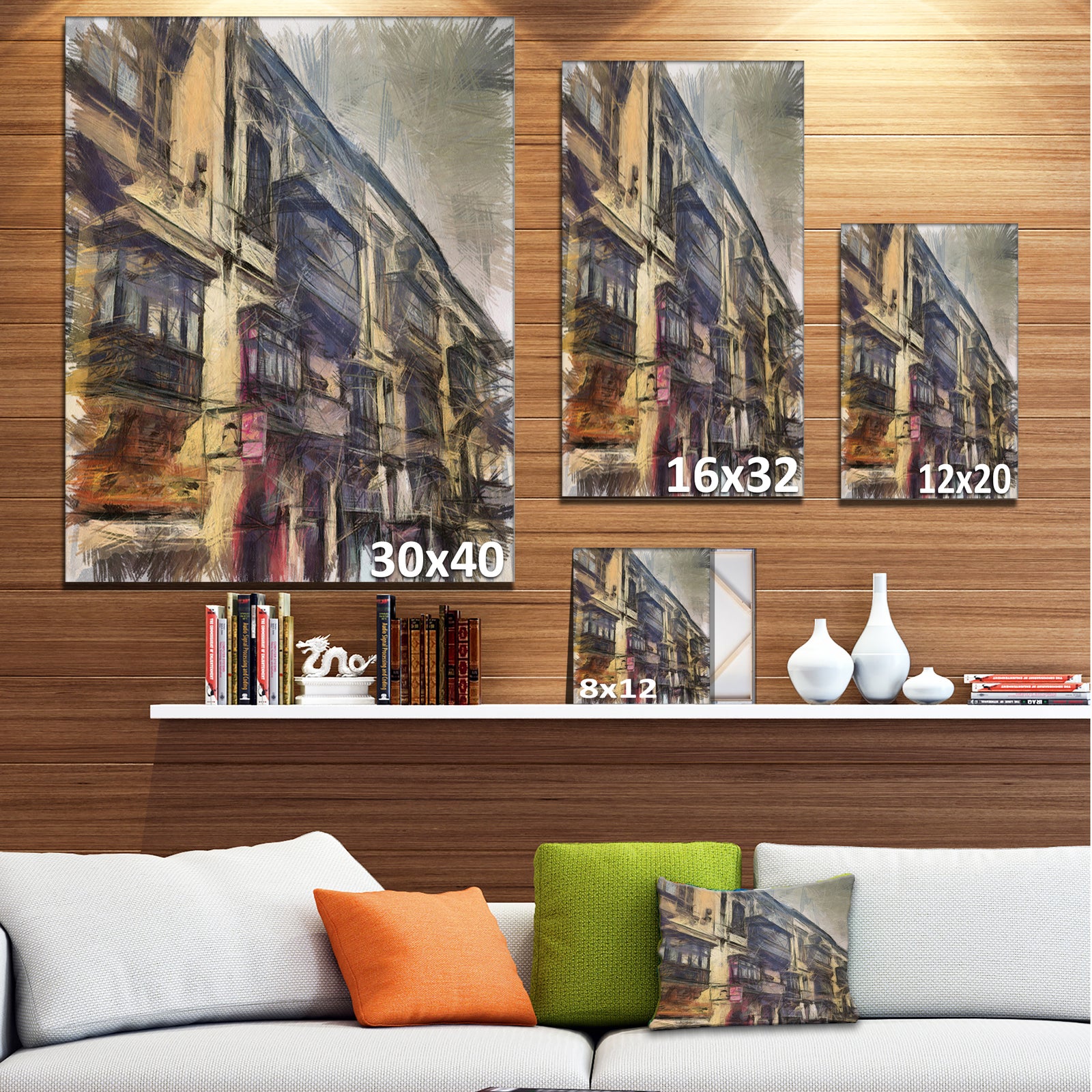 Old City Street Watercolor Painting - Large Cityscape Artwork on Canvas