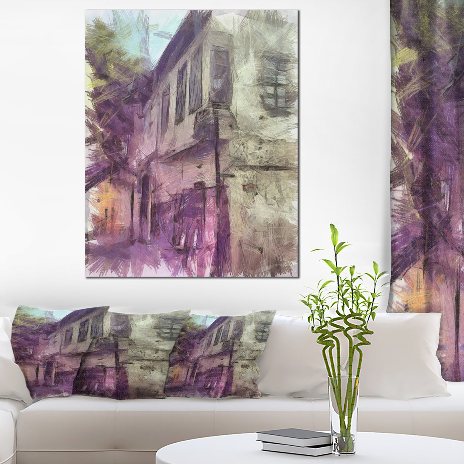 Old City Street Watercolor Sketch - Large Cityscape Artwork on Canvas