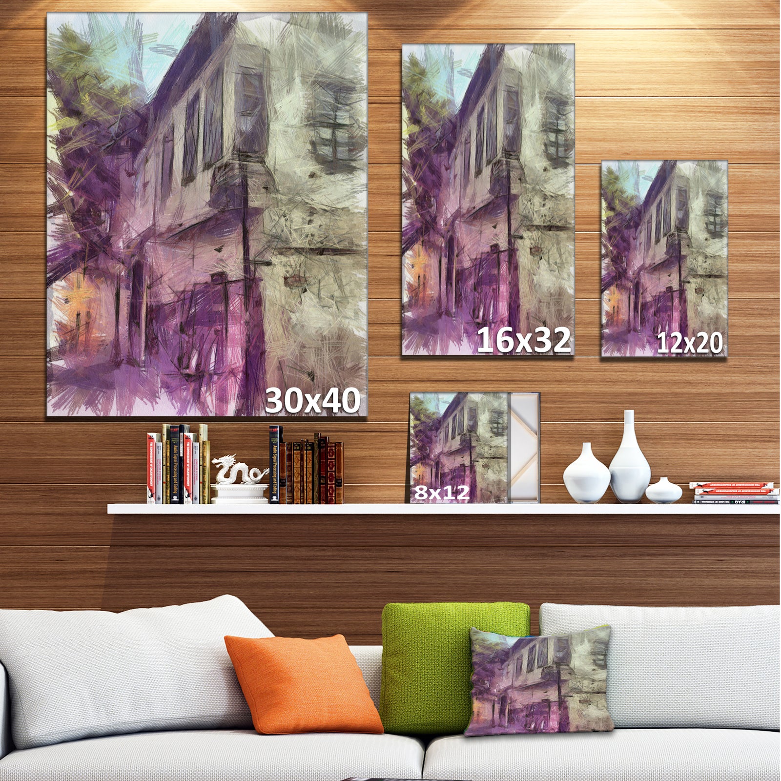 Old City Street Watercolor Sketch - Large Cityscape Artwork on Canvas