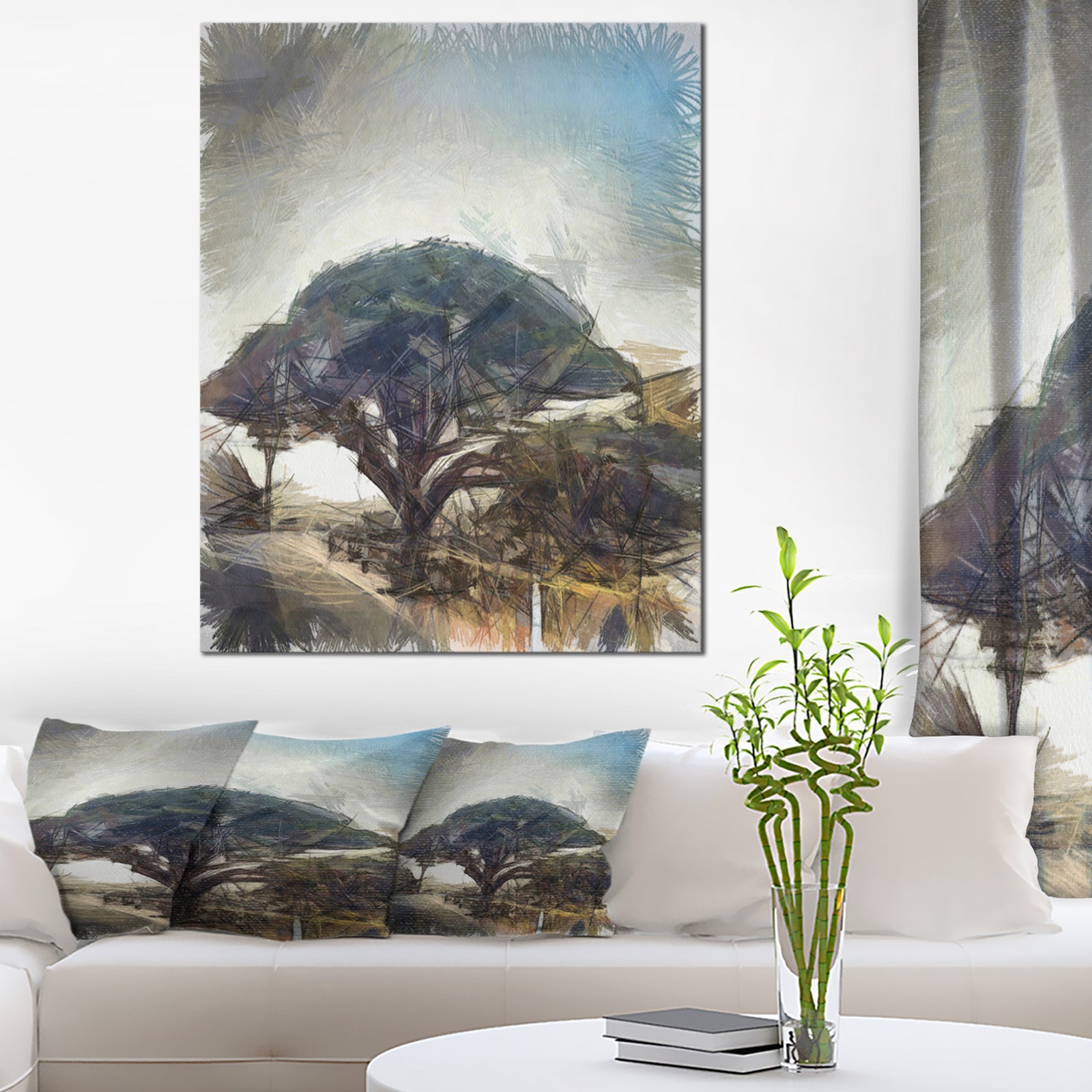 Lonely Oak Tree Watercolor Sketch - Large Landscape Canvas Art