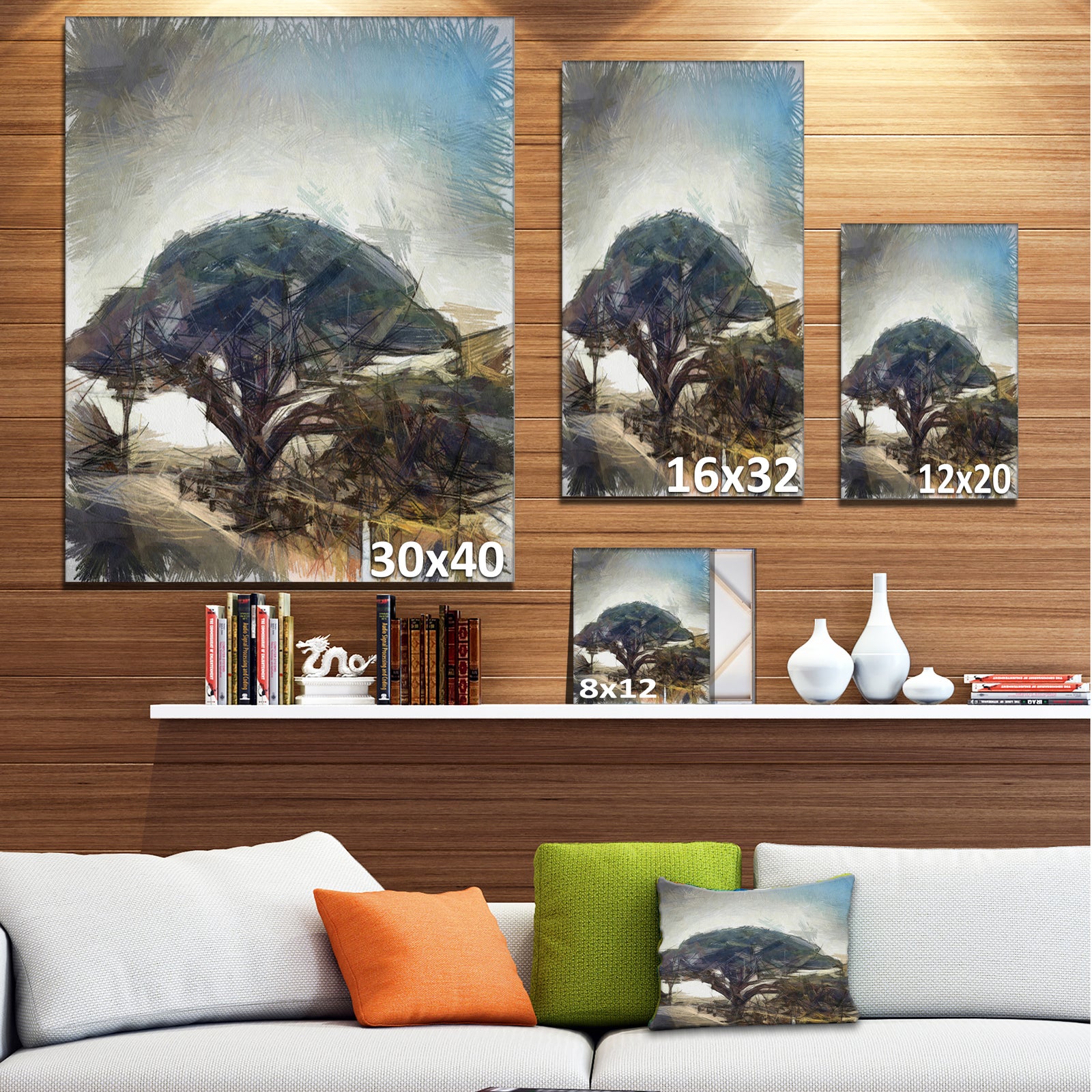 Lonely Oak Tree Watercolor Sketch - Large Landscape Canvas Art