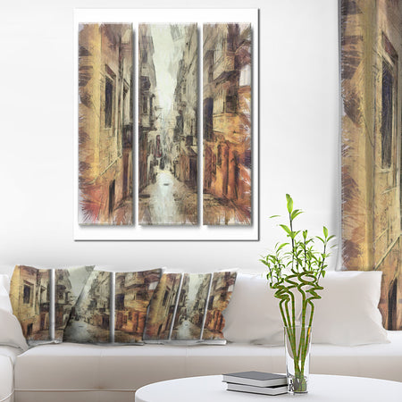 Path in Street Watercolor Stretch - Large Cityscape Artwork on Canvas