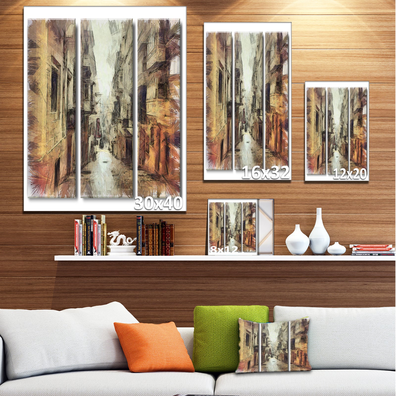 Path in Street Watercolor Stretch - Large Cityscape Artwork on Canvas