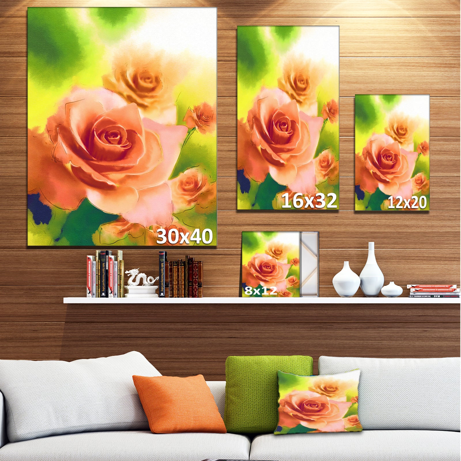 Beautiful Watercolor Roses on Green - Flower Artwork on Canvas
