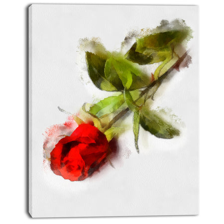 Red Rose with Stem Drawing - Flower Artwork on Canvas