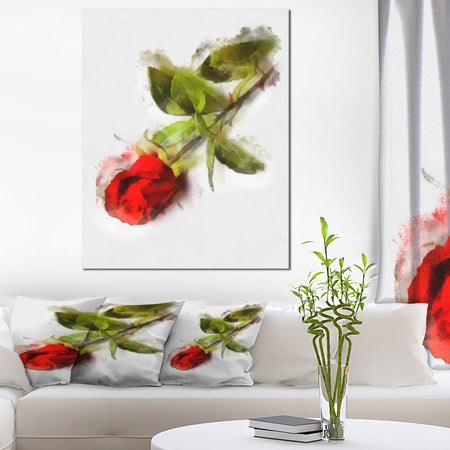 Red Rose with Stem Drawing - Flower Artwork on Canvas