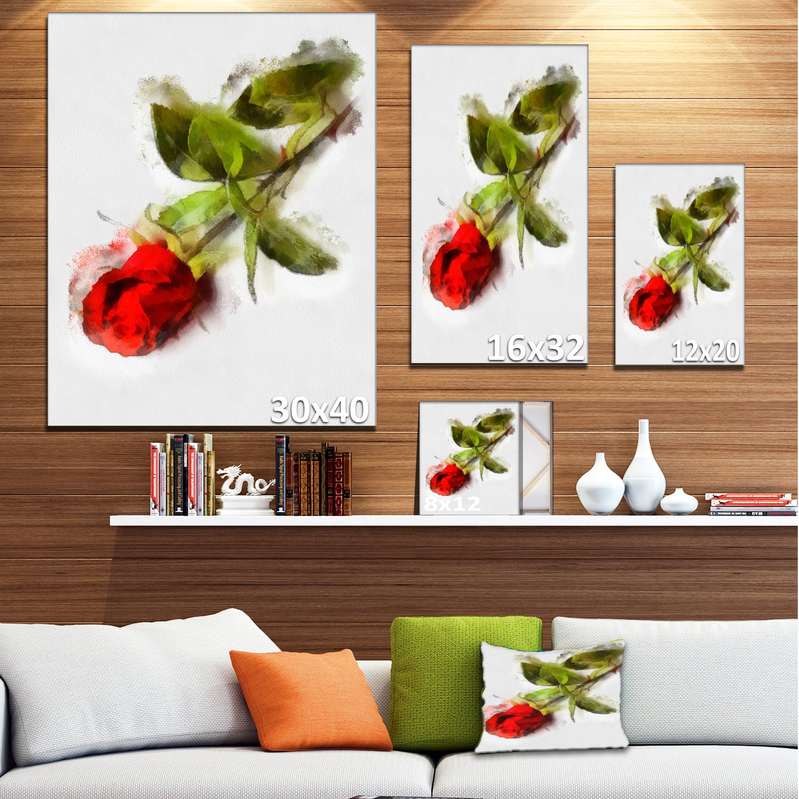 Red Rose with Stem Drawing - Flower Artwork on Canvas