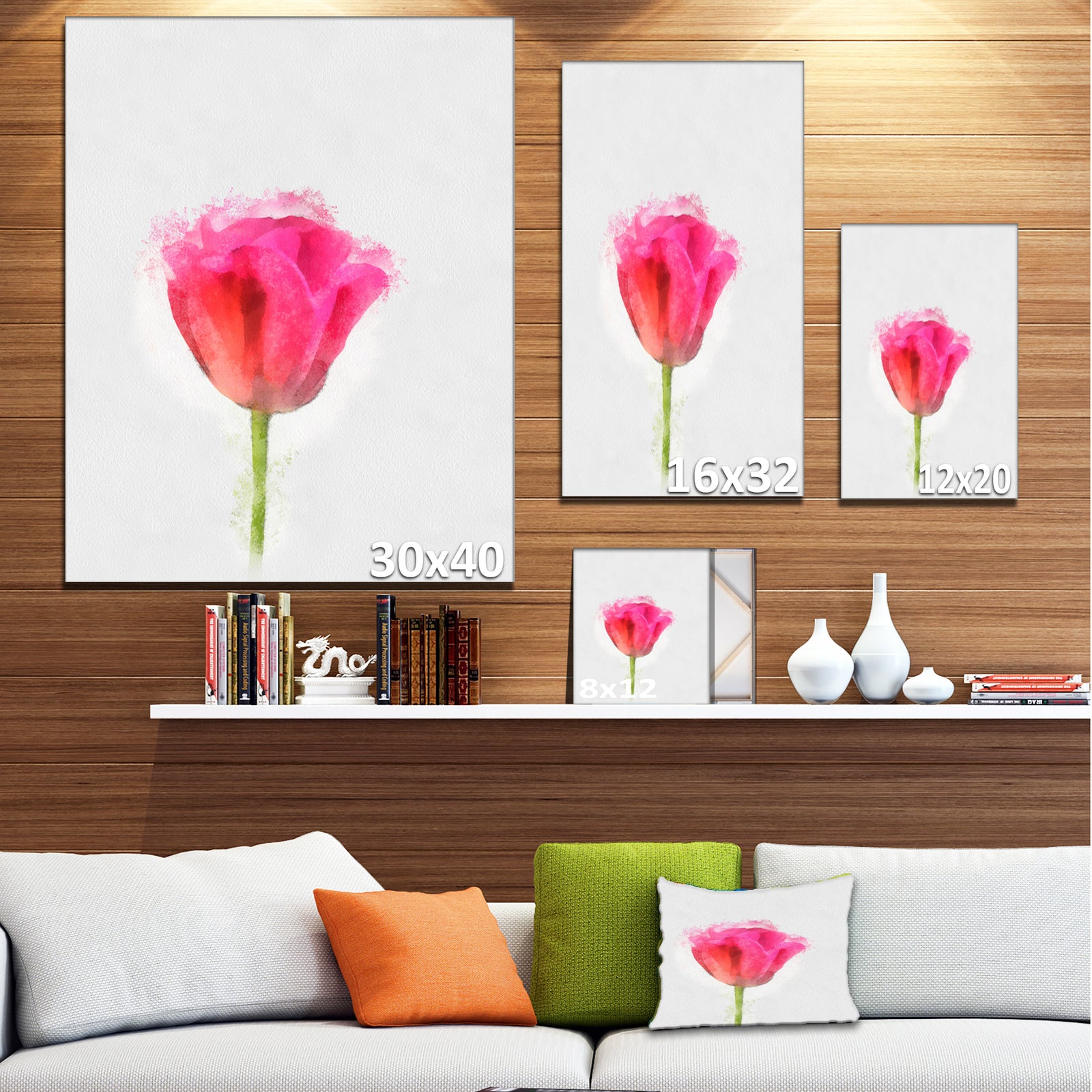 Bloomy Pink Tulip on White Drawing - Flower Artwork on Canvas