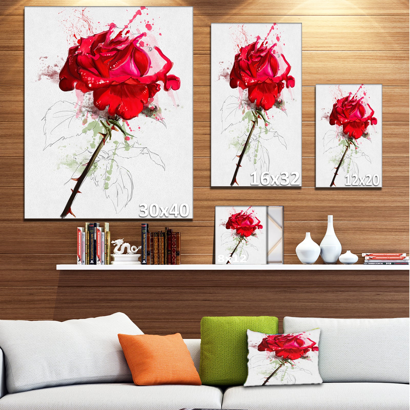 Rose Sketch with Stem on White - Flower Artwork on Canvas