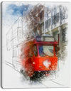 Red Trolley Car Watercolor Sketch - Large Cityscape Artwork on Canvas