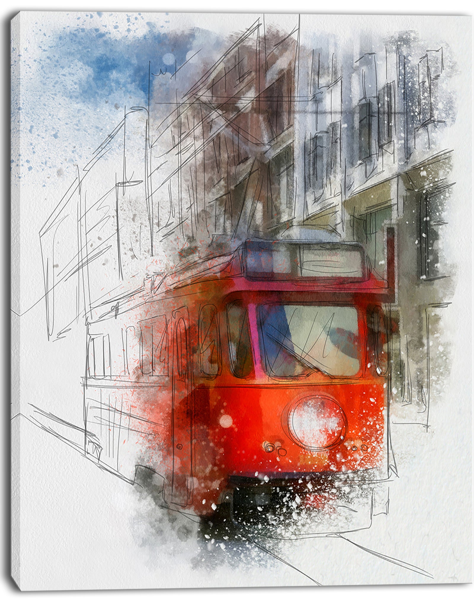 Red Trolley Car Watercolor Sketch - Large Cityscape Artwork on Canvas