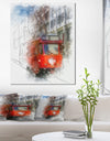 Red Trolley Car Watercolor Sketch - Large Cityscape Artwork on Canvas