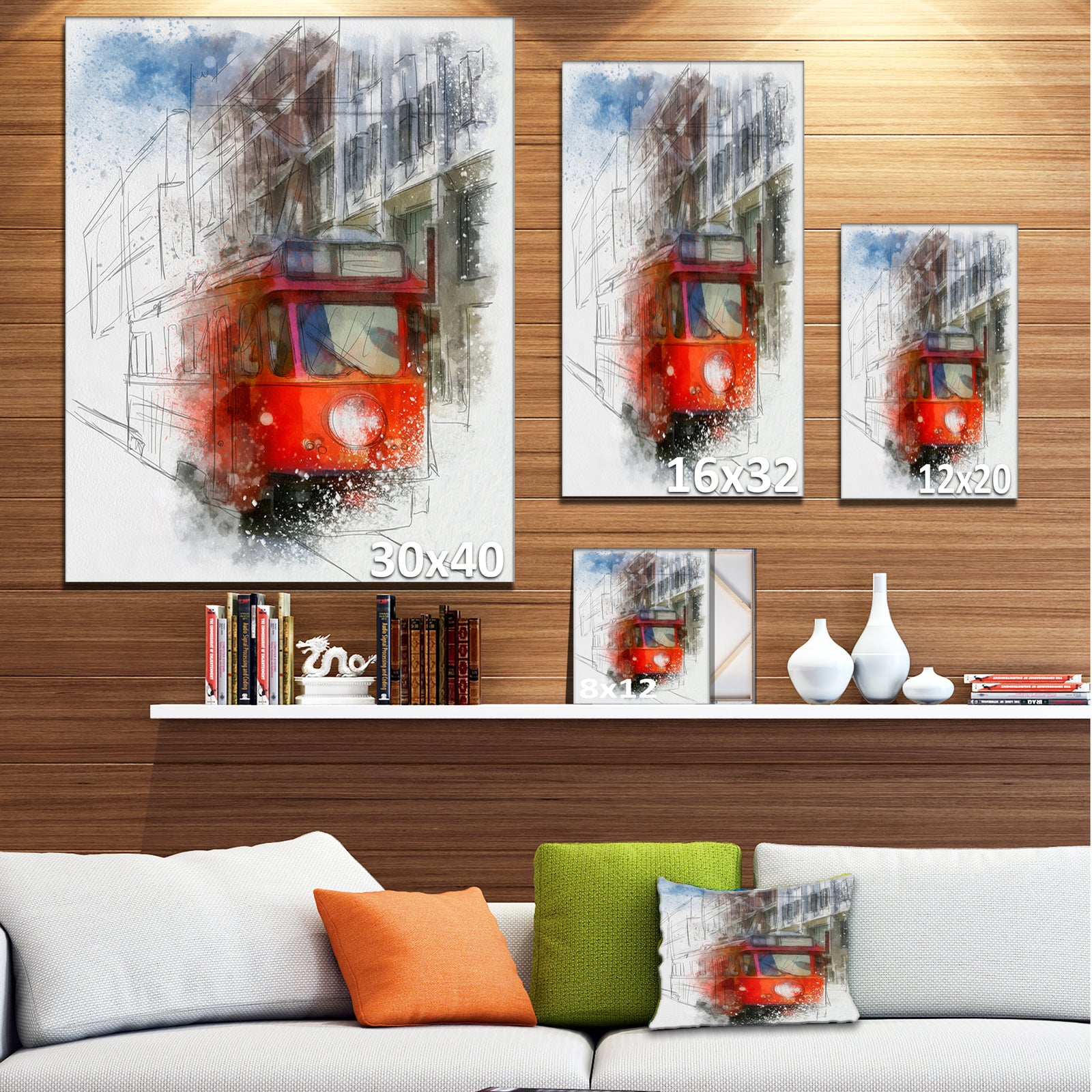 Red Trolley Car Watercolor Sketch - Large Cityscape Artwork on Canvas