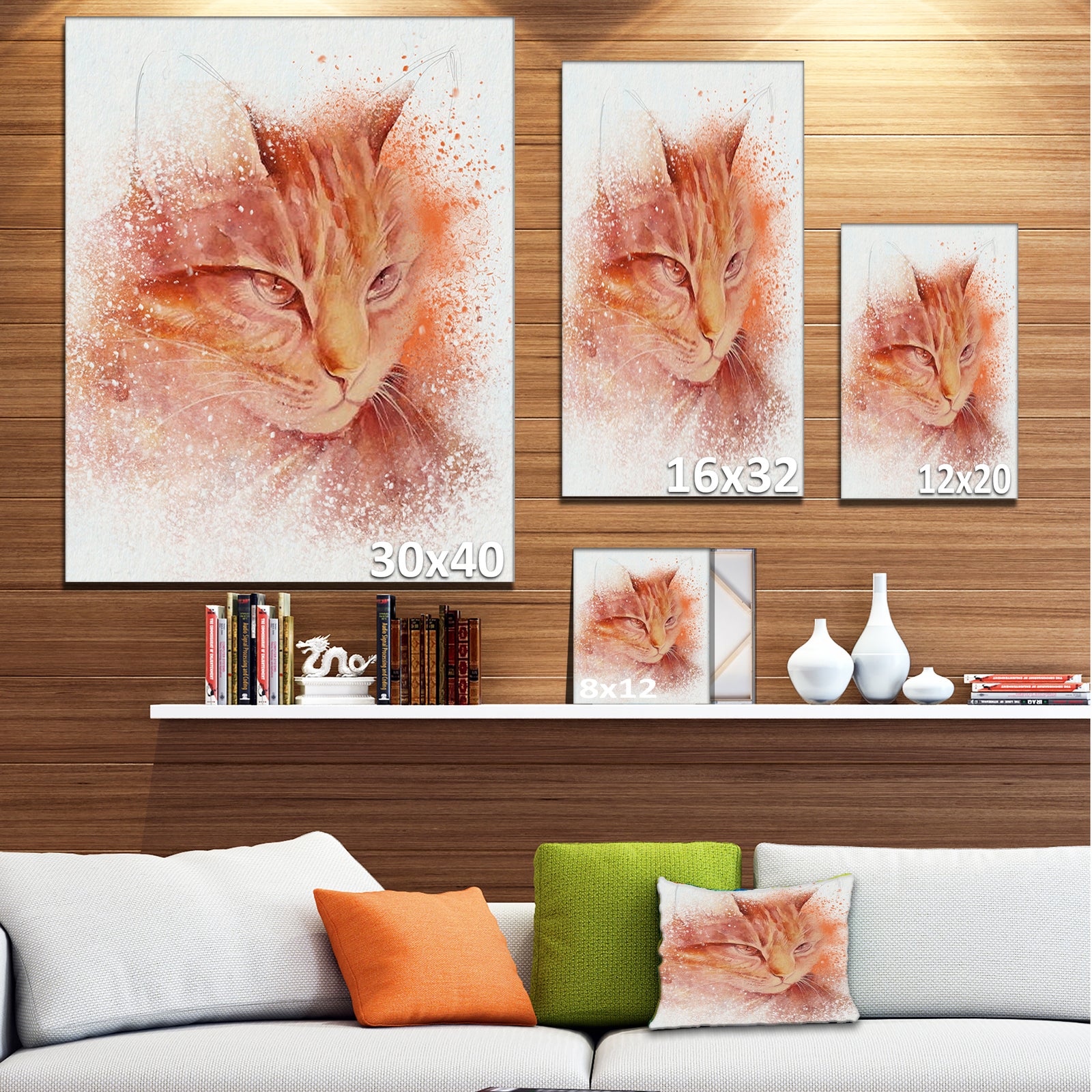 Brown Cat Face Sketch on White - Large Animal Canvas Artwork