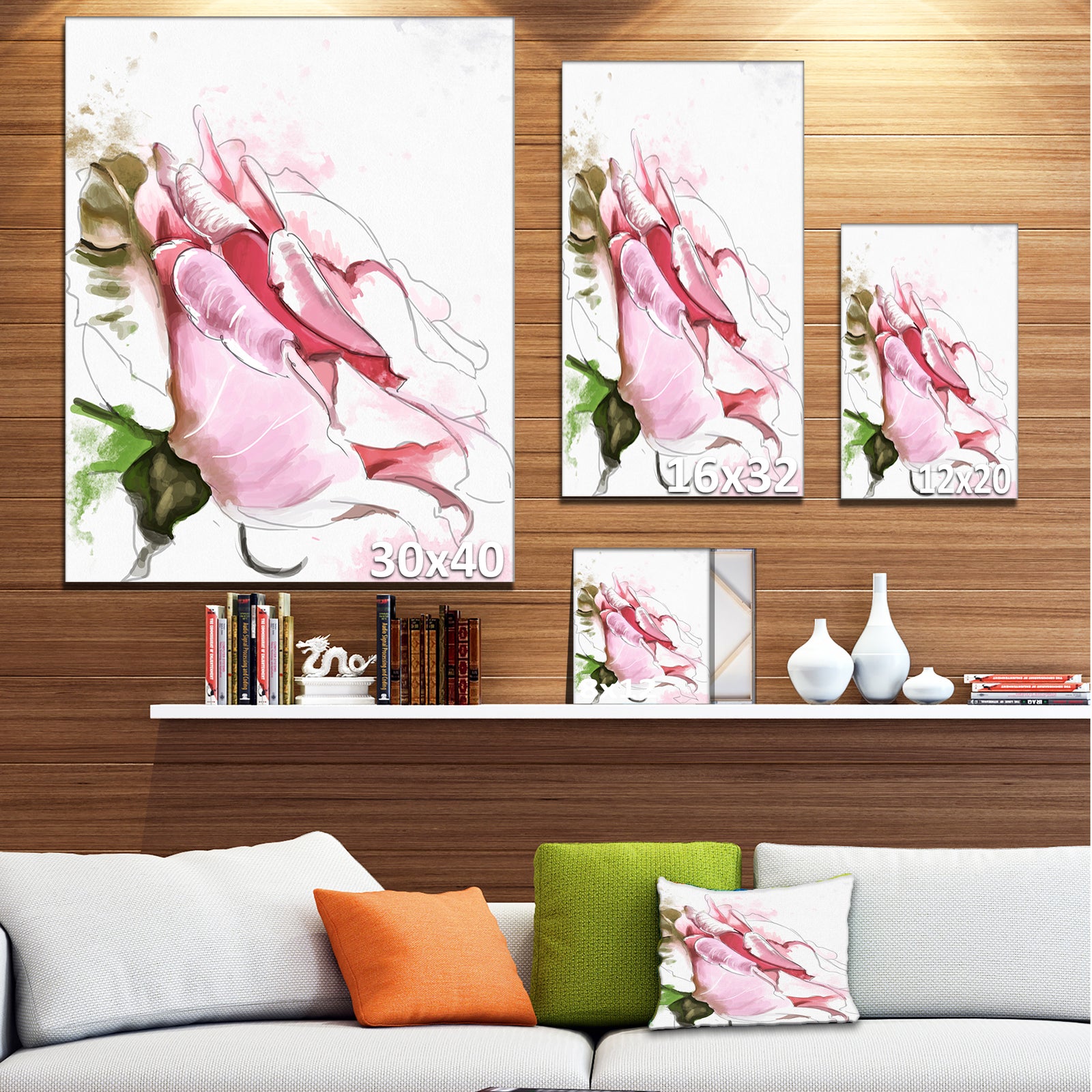 Pink Rose Illustration on White - Flower Canvas Print Artwork