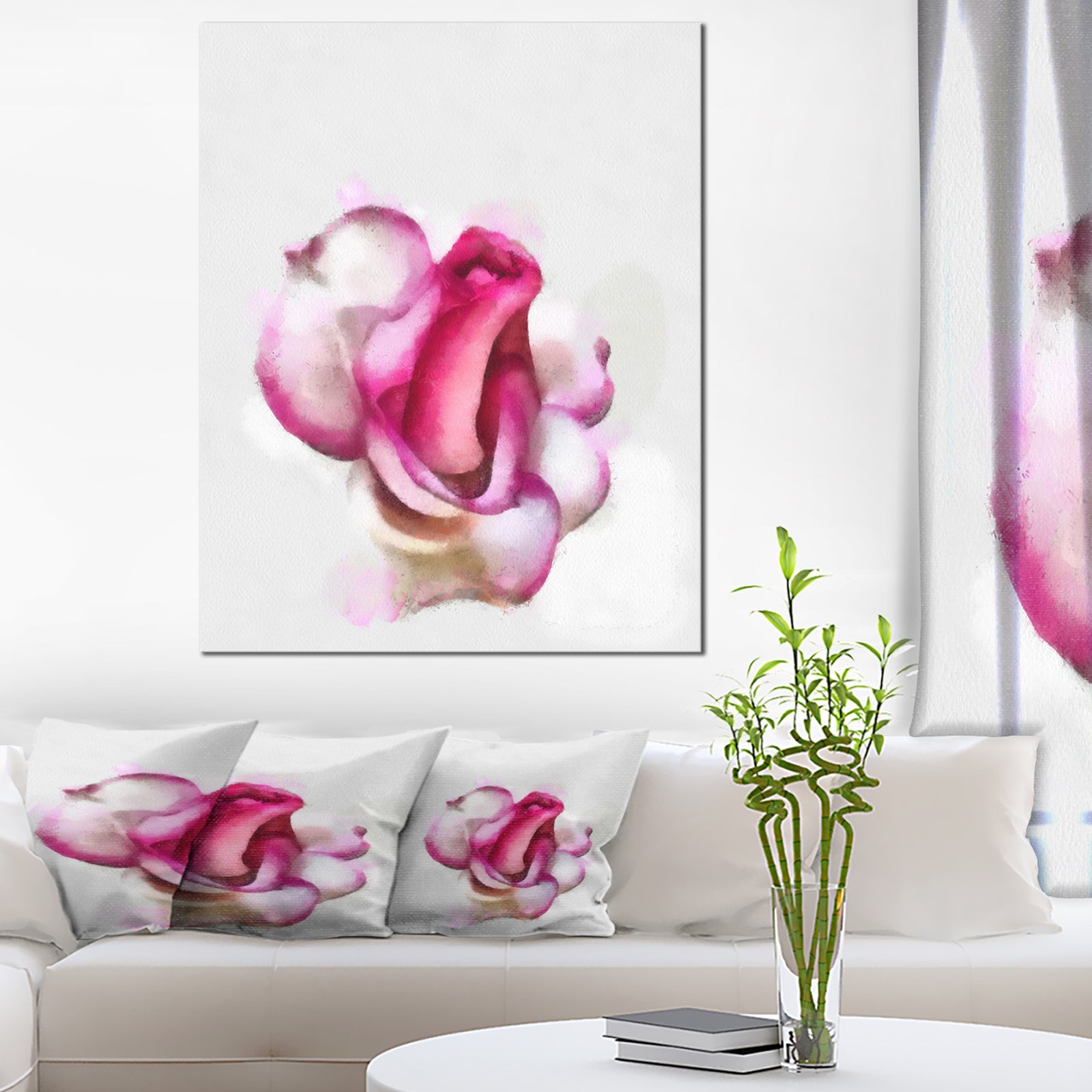 Pink Hand-drawn Red Rose on White - Flower Canvas Print Artwork