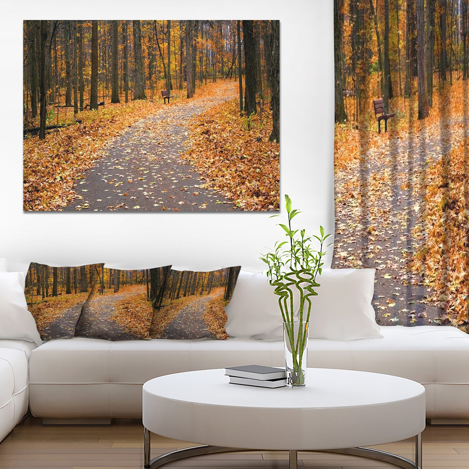Autumn Walk Way with Fallen Leaves - Modern Forest Canvas Art