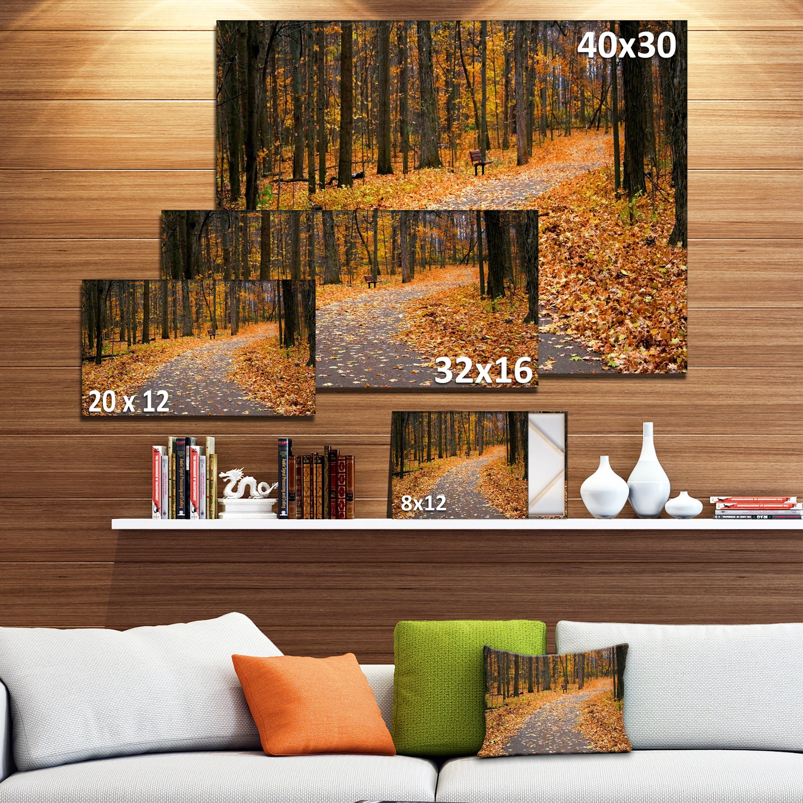 Autumn Walk Way with Fallen Leaves - Modern Forest Canvas Art