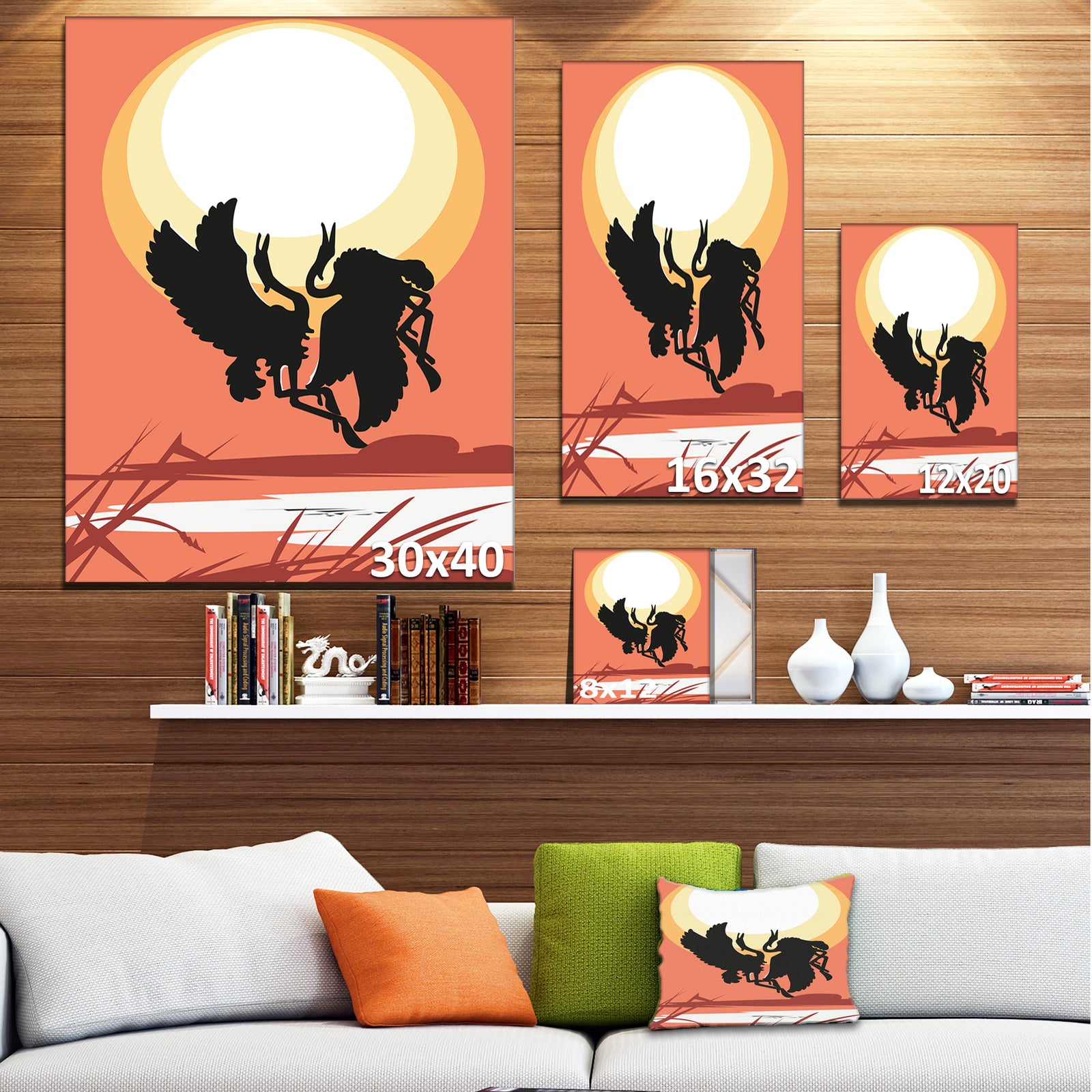 Birds at Sunset Vector Drawing - Large Abstract Canvas Wall Art