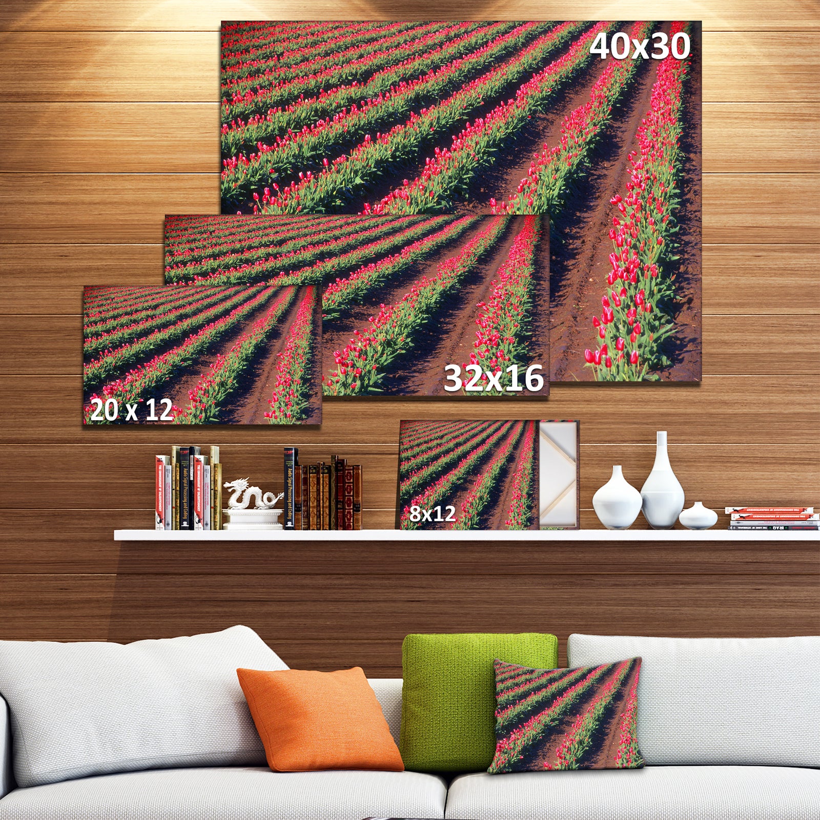 Beautiful Field of Red Tulip Flowers - Large Landscape Canvas Art