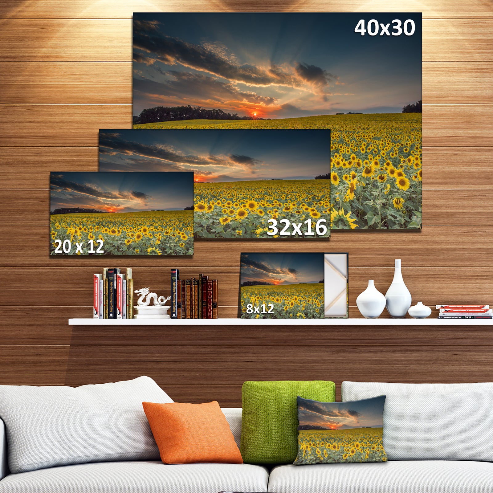 Sunflower Sunset with Cloudy Sky - Large Landscape Canvas Art