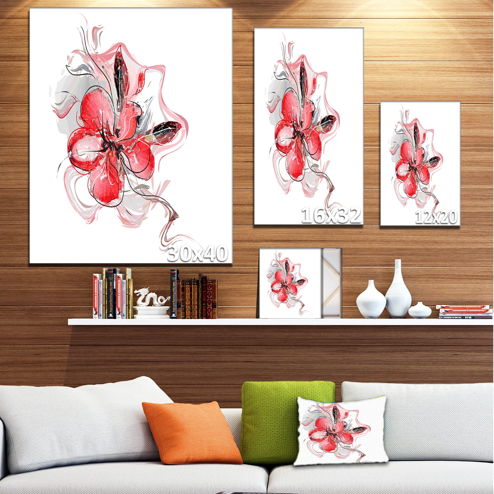 Red Floral Watercolor Sketch - Large Animal Canvas Wall Art Print