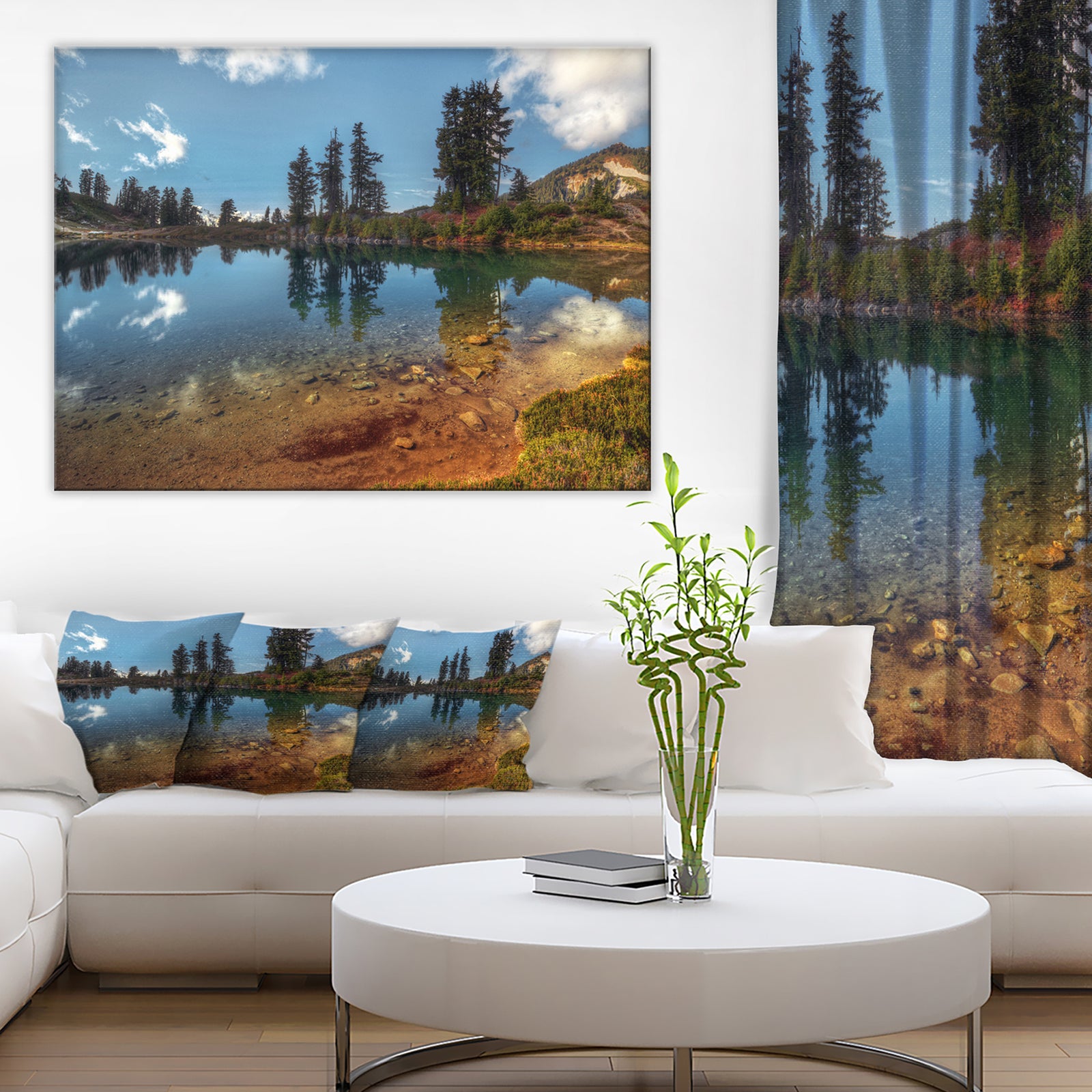 Clear Lake with Row of Pine Trees - Extra Large Landscape Art Canvas