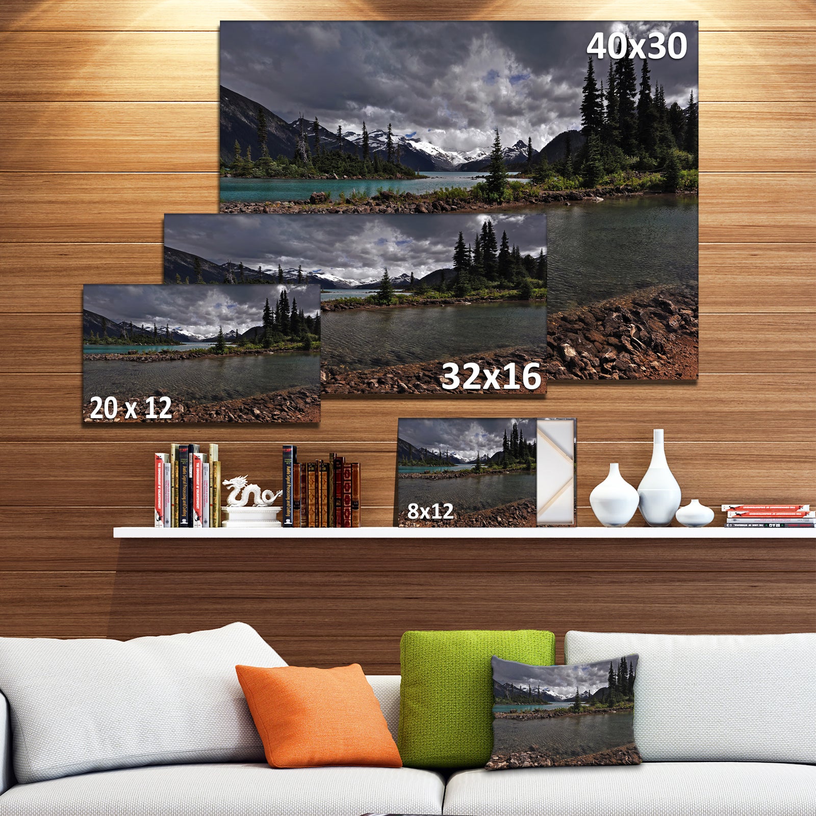 Designart 'Dark Sky Over Crystal Clear Lake' Extra Large Landscape Framed Canvas Art Print - 20 in. Wide x 12 in. High