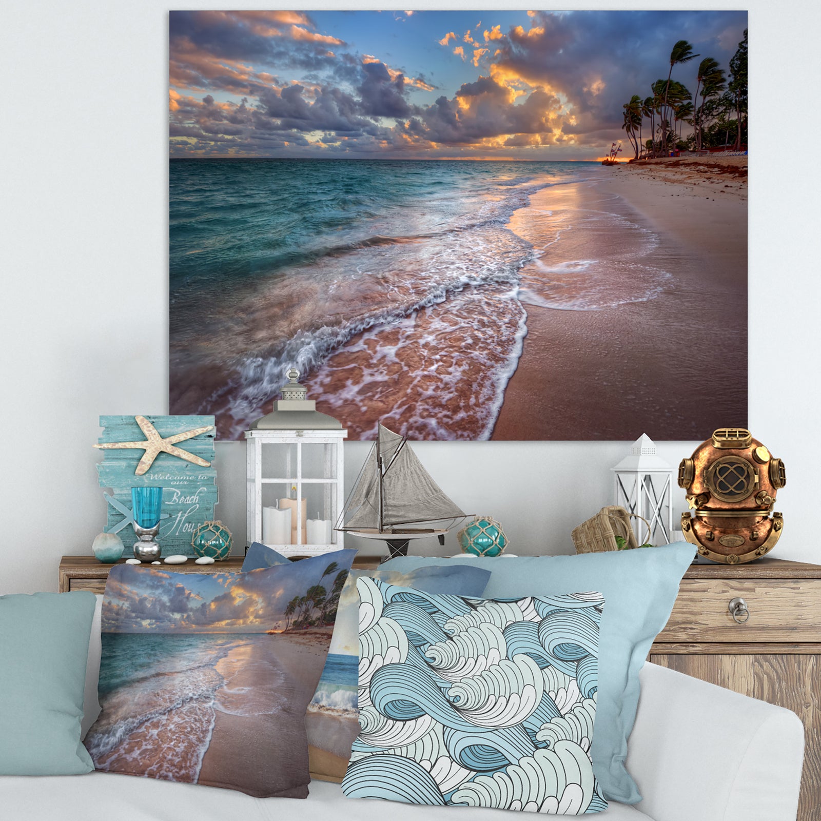 Palm Trees on Clear Sandy Beach - Seashore Canvas Art Print