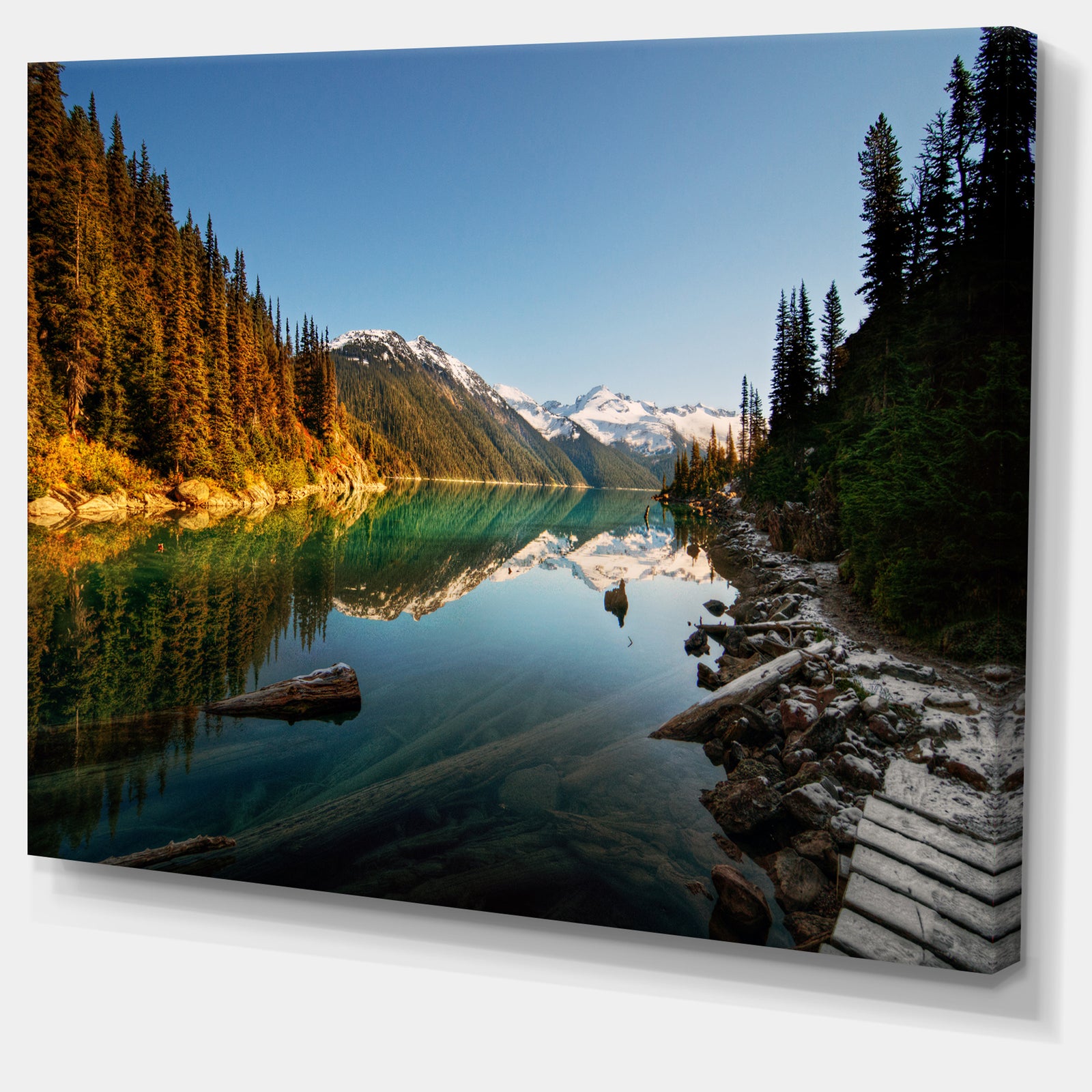 Snowy Path Along Mountain Lake - Landscape Artwork Canvas Print