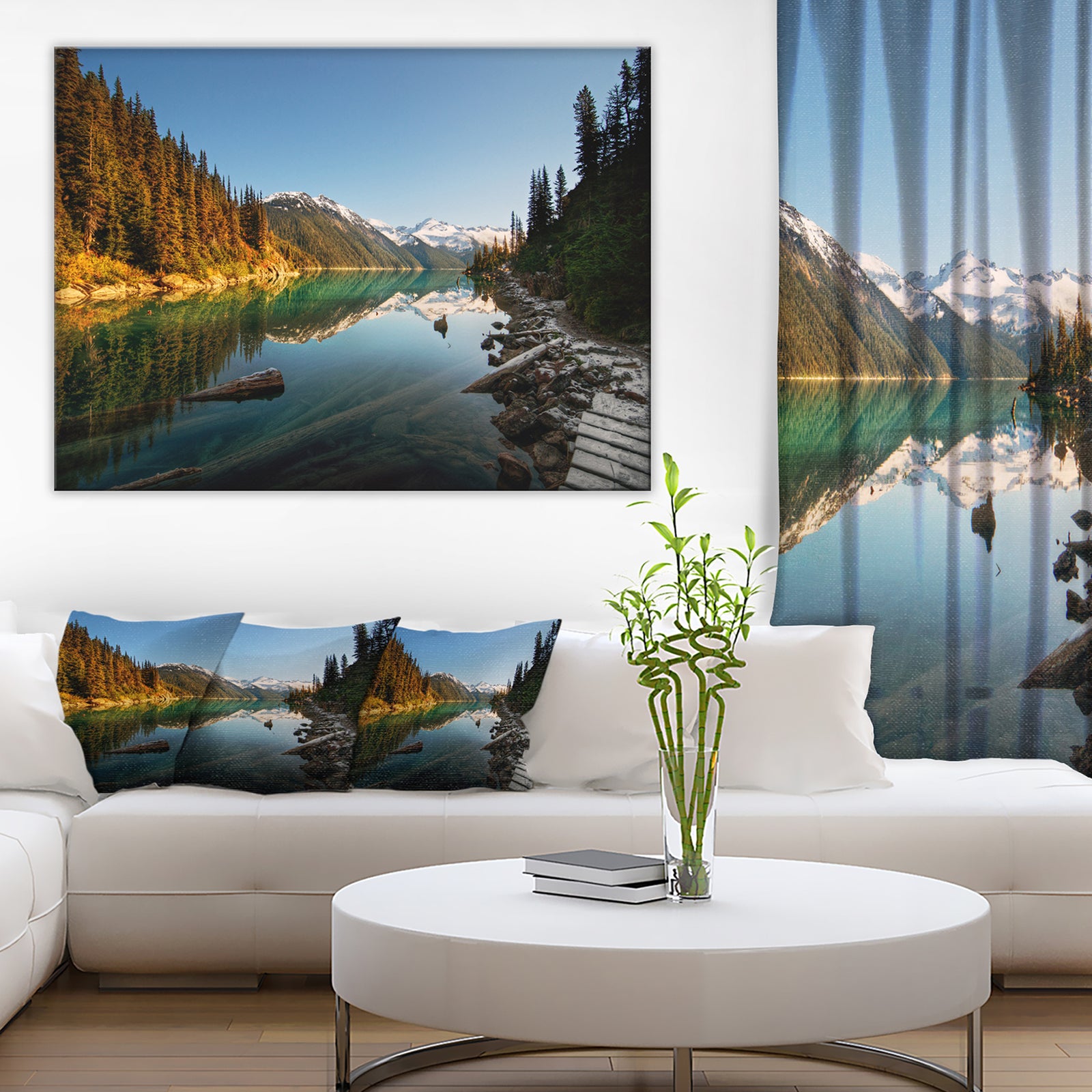 Snowy Path Along Mountain Lake - Landscape Artwork Canvas Print