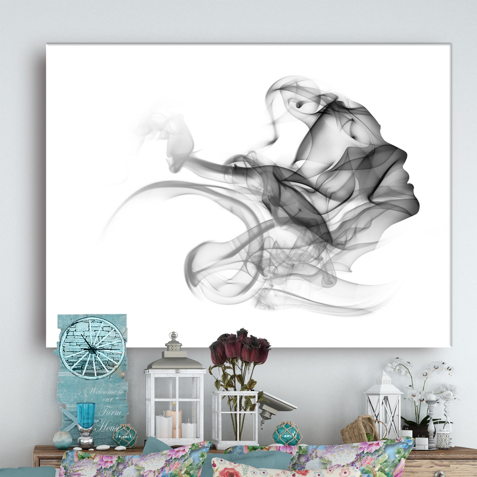 Woman and Smoke Double Exposure - Portrait Canvas Art Print