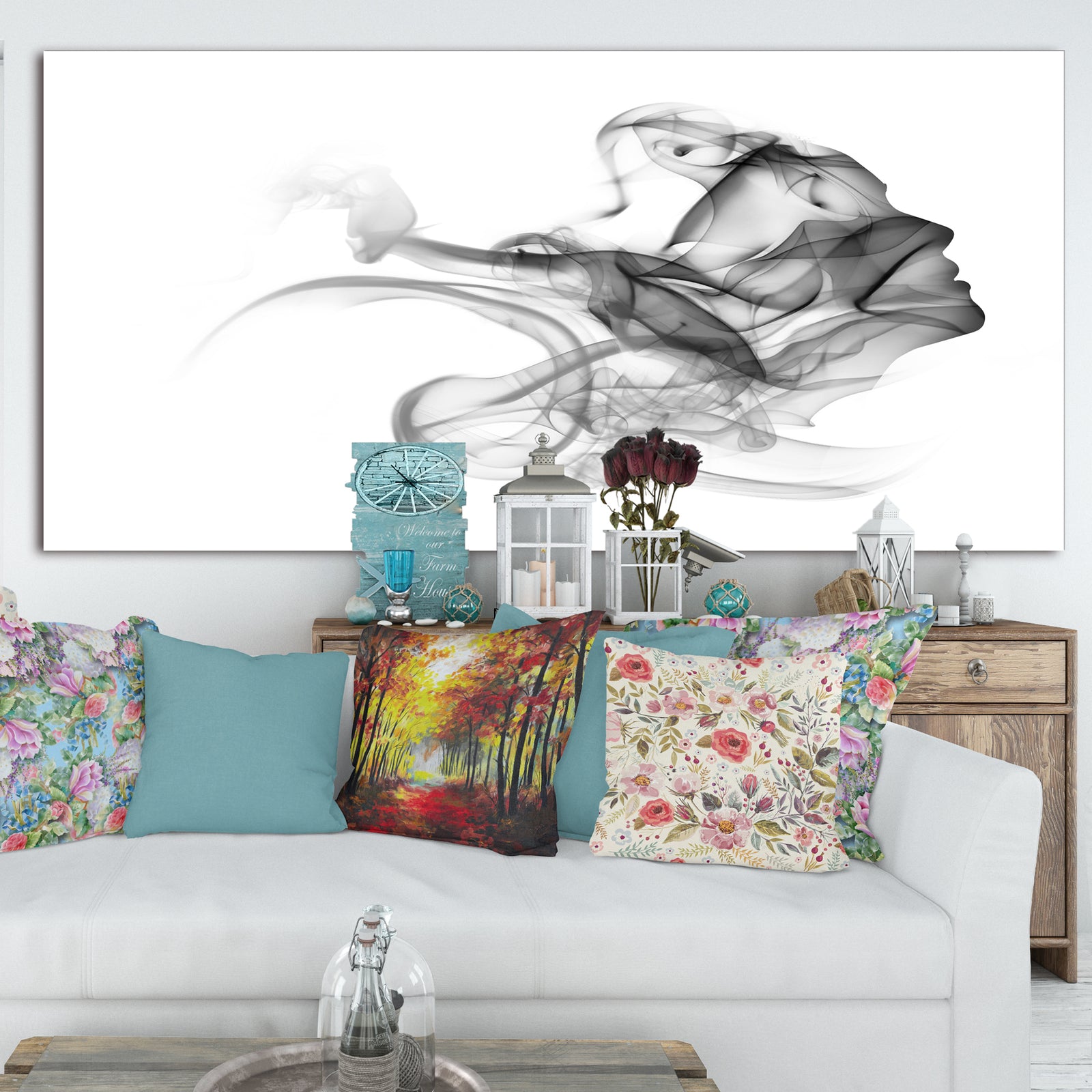 Woman and Smoke Double Exposure - Portrait Canvas Art Print
