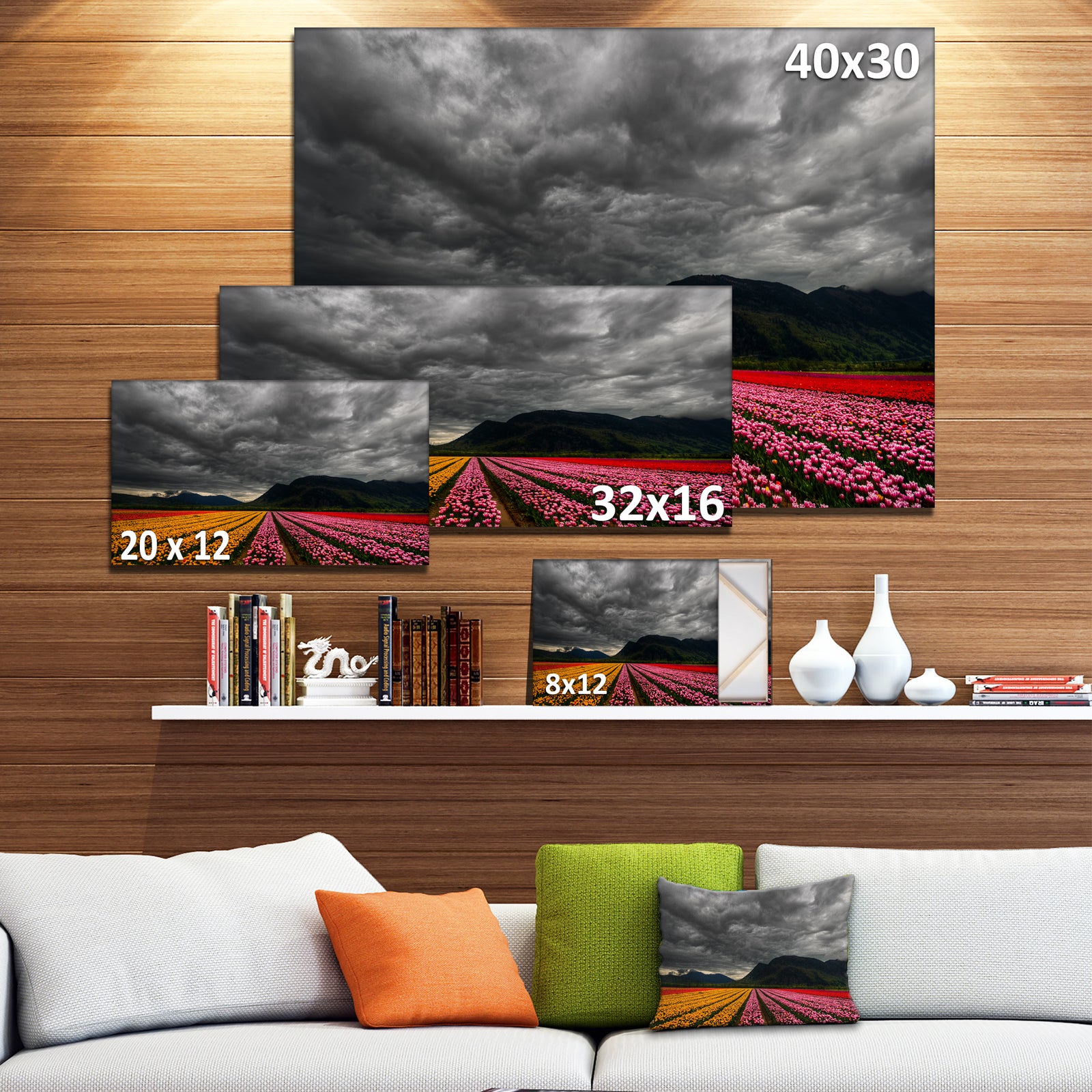 Parallel Rows of Colorful Tulips - Landscape Wall Art Print Canvas