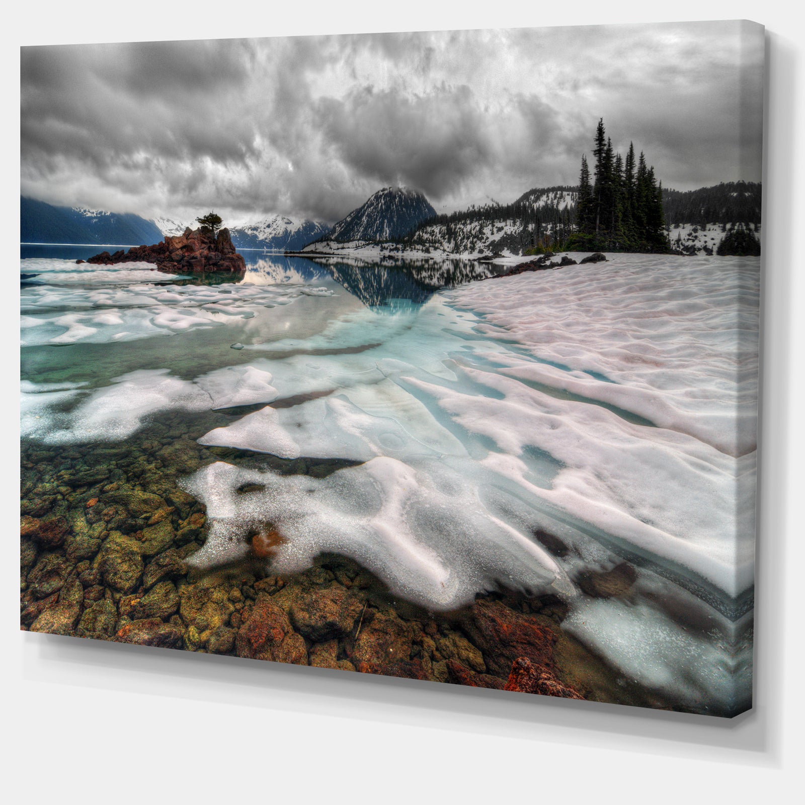 Frozen Mountain Lake Shore - Landscape Wall Art Print Canvas