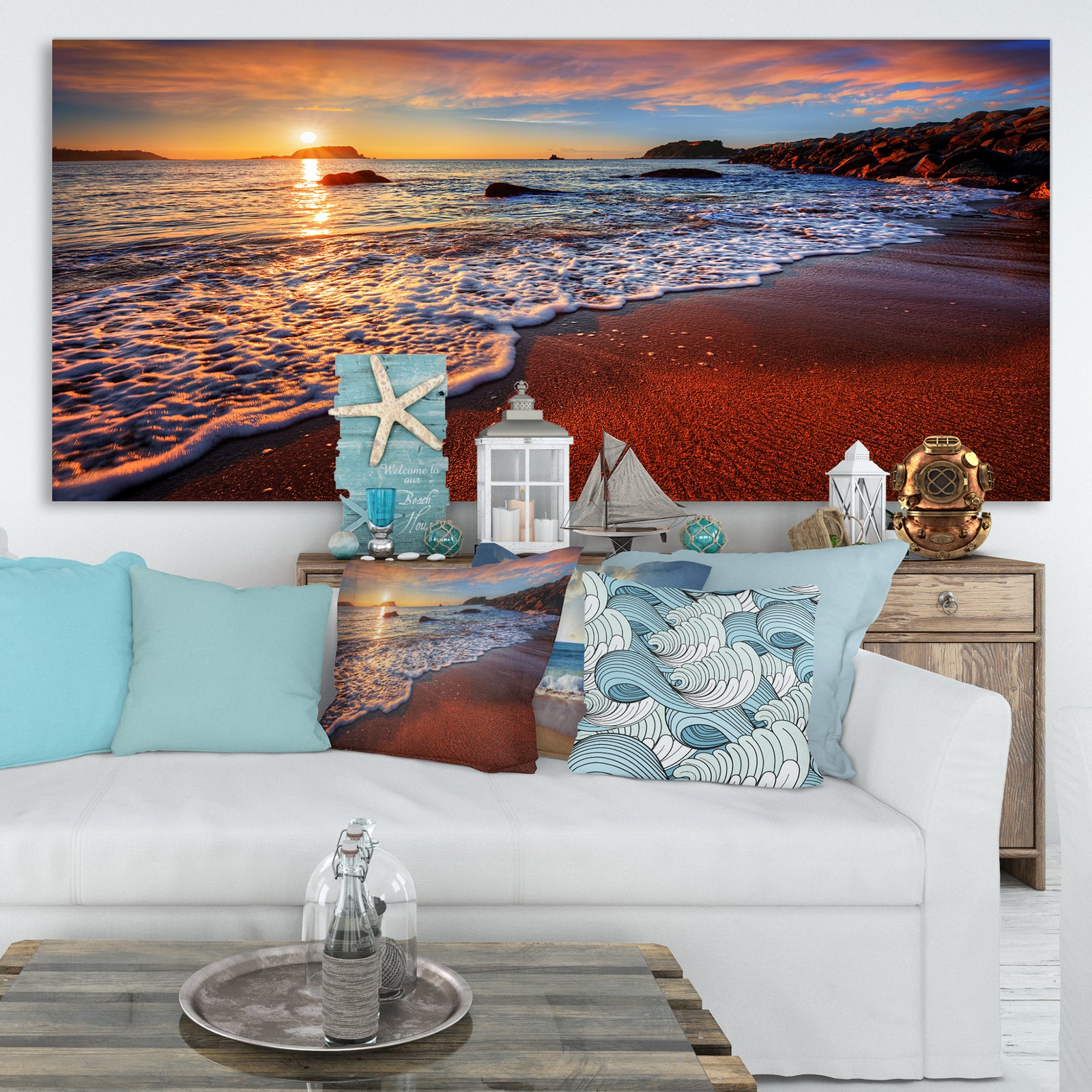 Stunning Ocean Beach at Sunset - Seashore Canvas Art Print