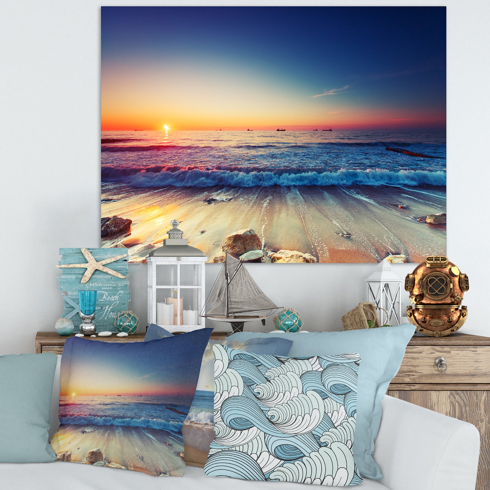 Beautiful Sunrise over Blue Sea - Seashore Canvas Art Print