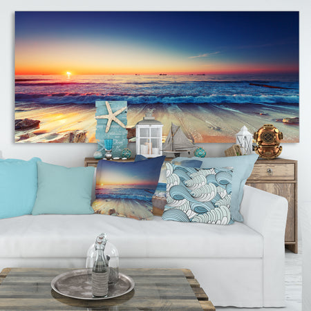 Beautiful Sunrise over Blue Sea - Seashore Canvas Art Print