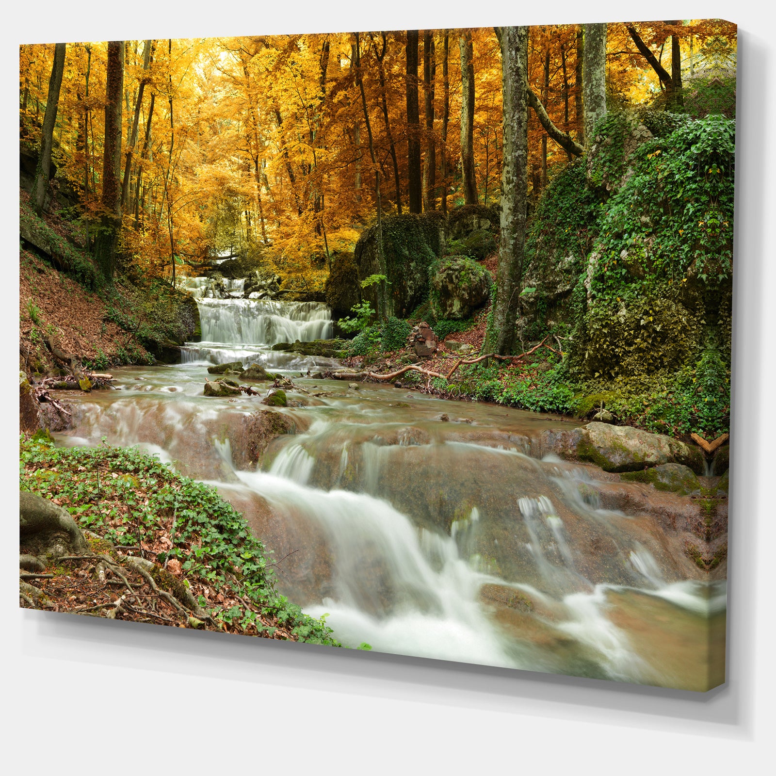 Forest Waterfall with Yellow Trees - Landscape Canvas Art Print