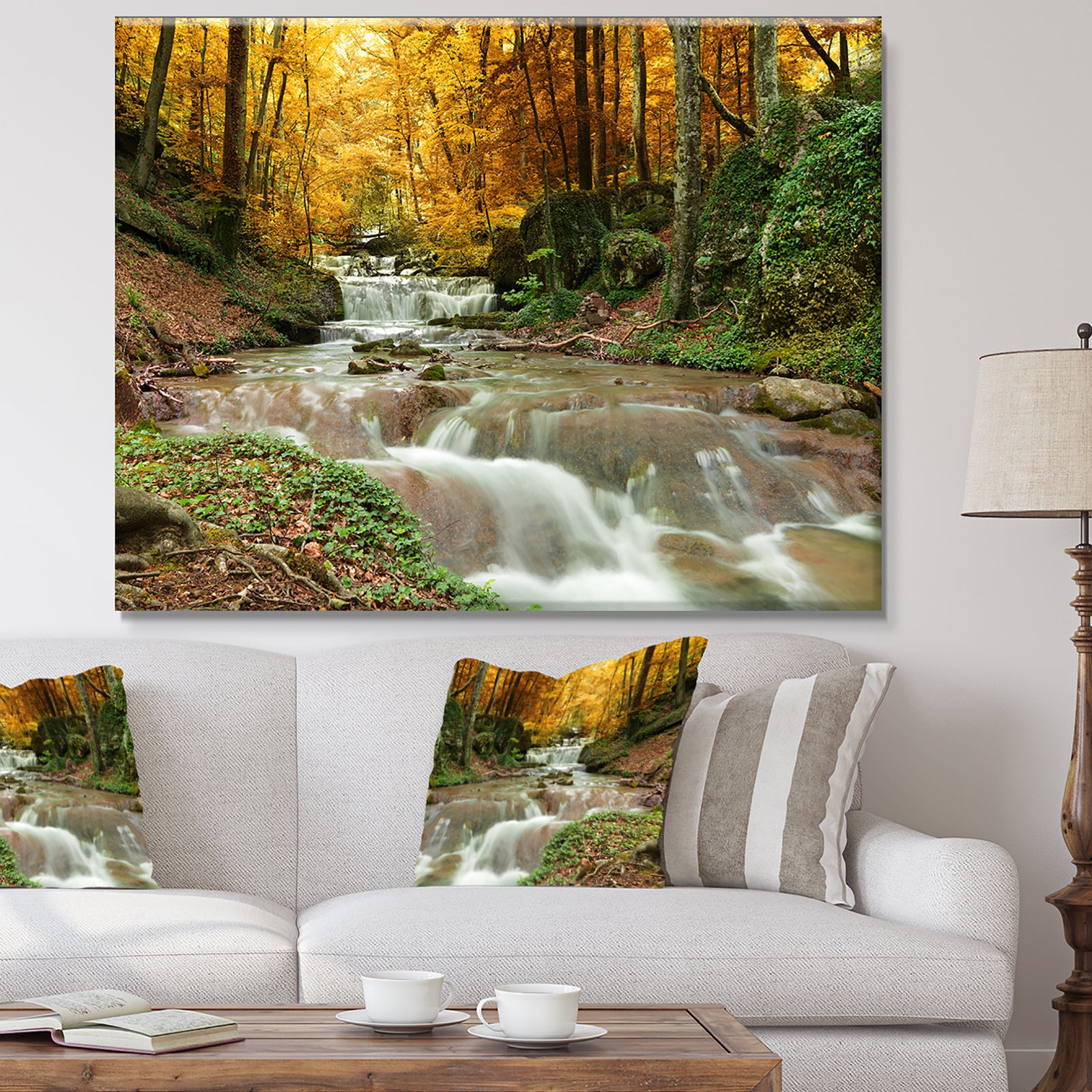 Forest Waterfall with Yellow Trees - Landscape Canvas Art Print