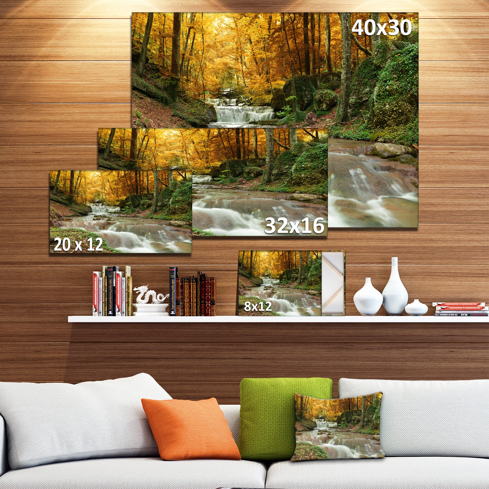 Forest Waterfall with Yellow Trees - Landscape Canvas Art Print
