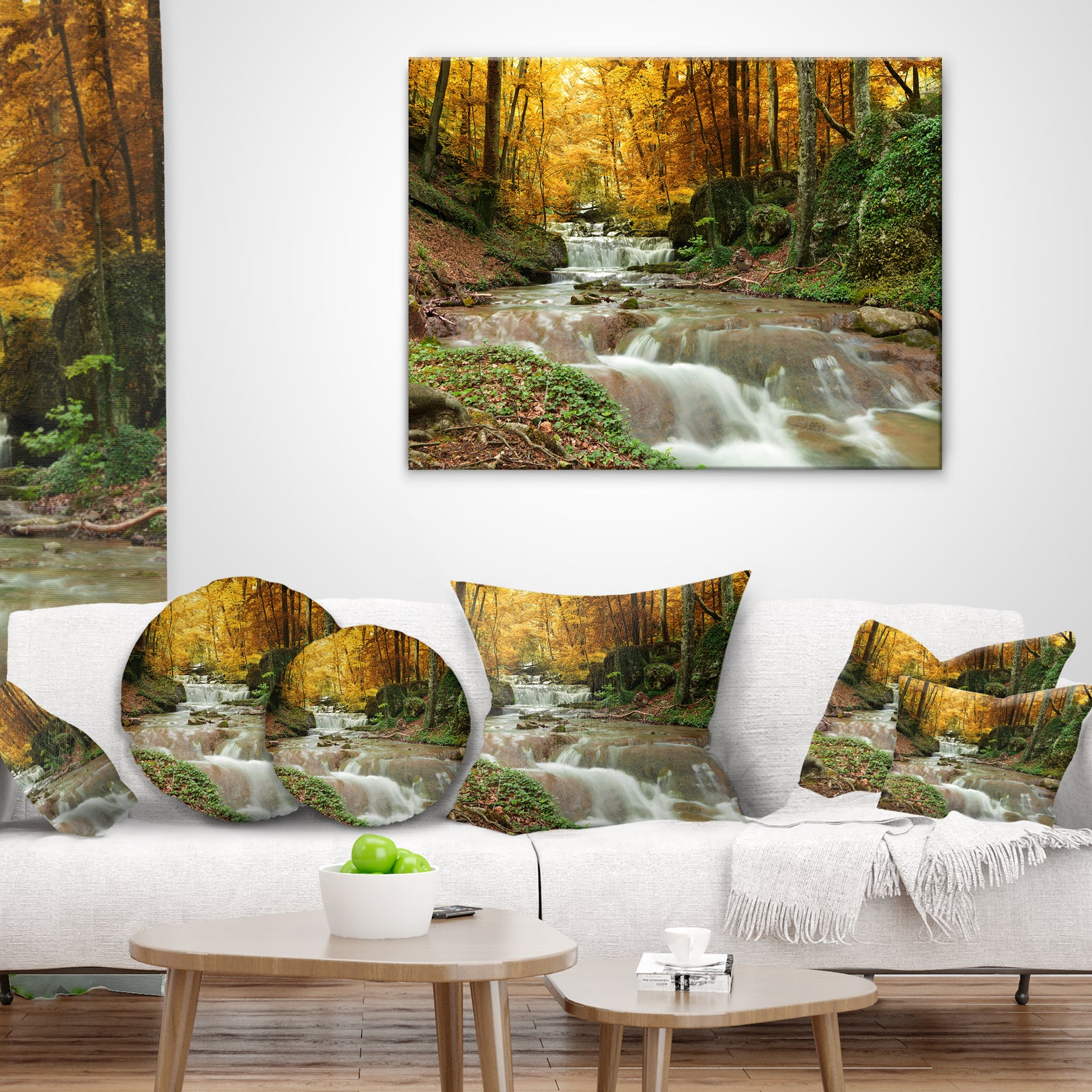 Forest Waterfall with Yellow Trees - Landscape Canvas Art Print