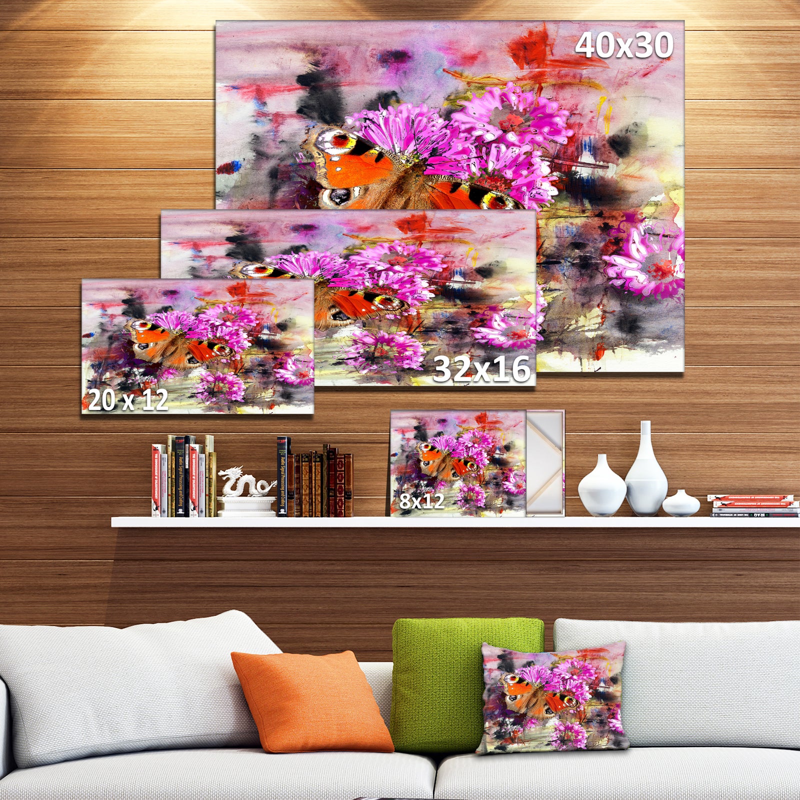 Pink Flowers and Cute Butterflies - Floral Canvas Artwork