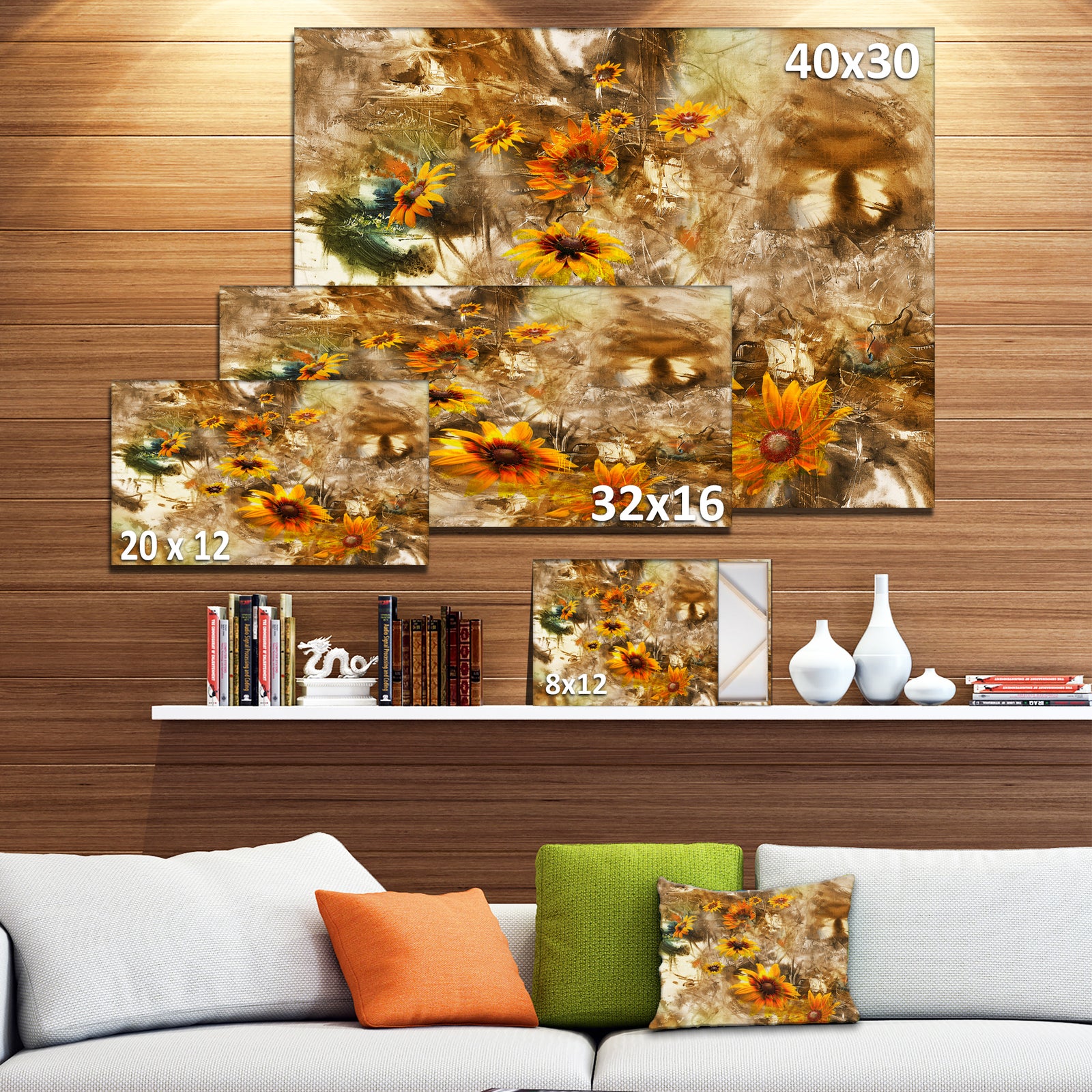 Yellow Flowers with Brown Background - Extra Large Floral Wall Art