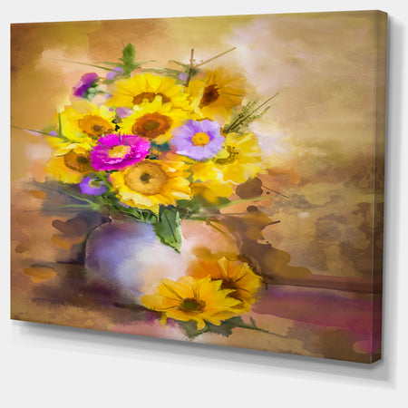 Yellow Sunflower and Violet Aster Flowers - Extra Large Floral Wall Art