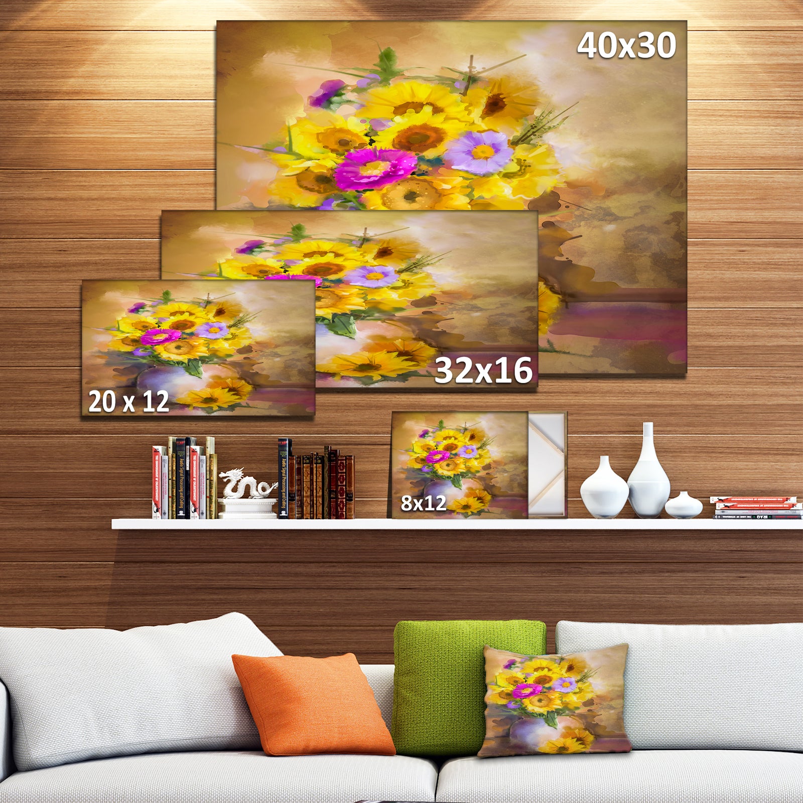 Yellow Sunflower and Violet Aster Flowers - Extra Large Floral Wall Art