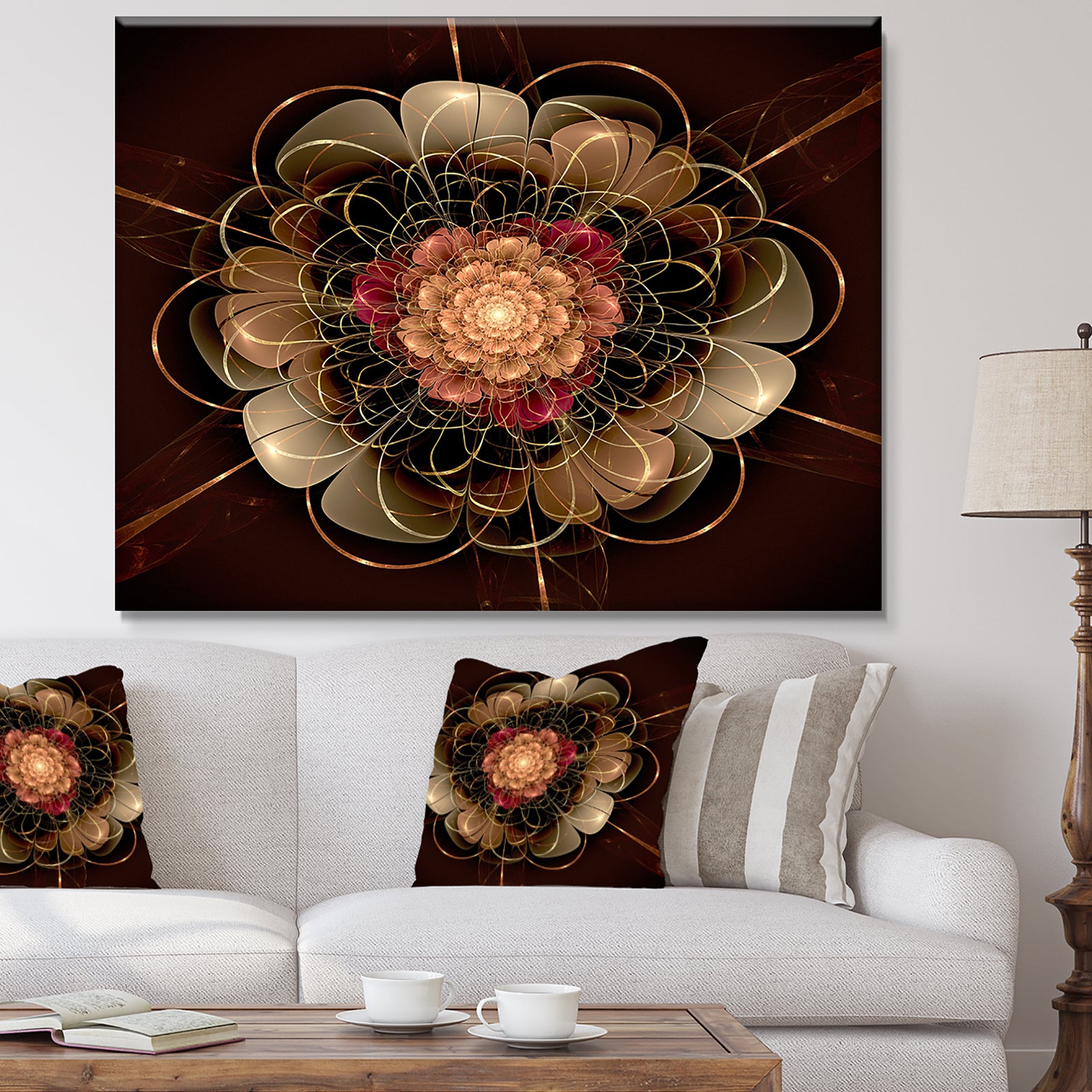 Dark Gold Red Fractal Flower Pattern - Extra Large Floral Wall Art