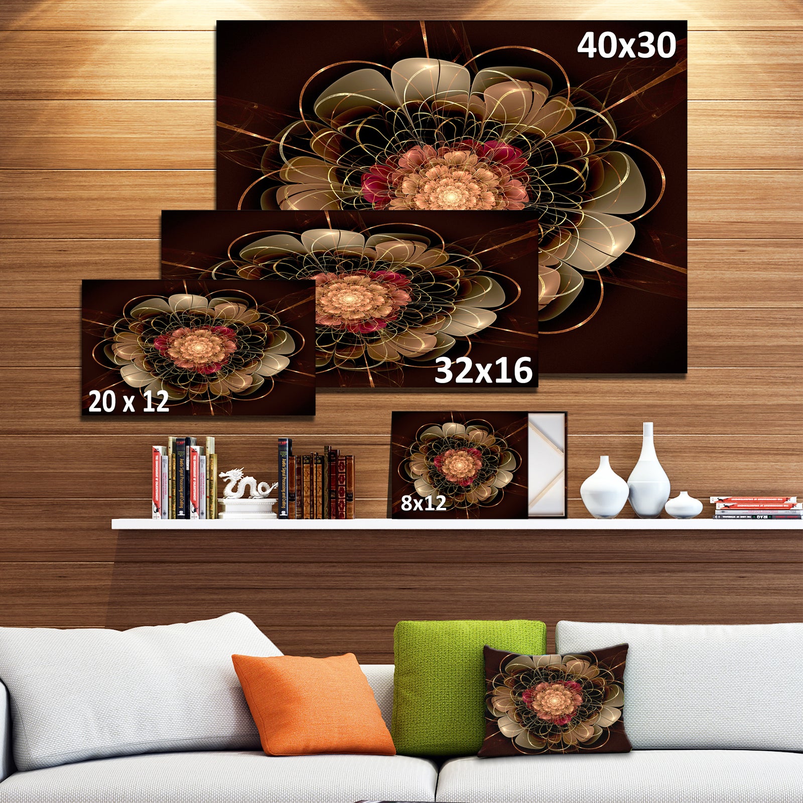 Dark Gold Red Fractal Flower Pattern - Extra Large Floral Wall Art
